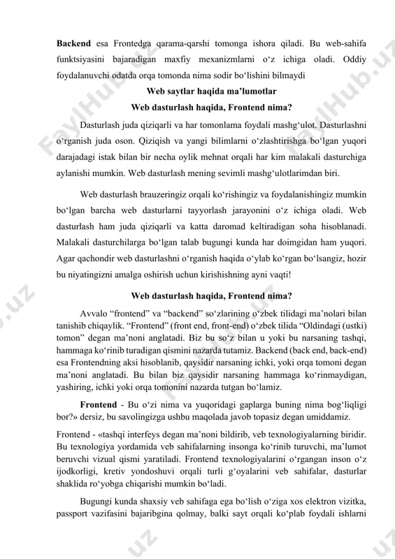 notepad, visual studio code kabi dasturlarda yozish kerak bo‘lgan teglar, ko‘p vaqt va sabr. html "teg" tizimida ishlaydi, bu yerda har bir teg ushbu teg ichiga joylashtirilgan tarkibga ta’sir qiladi, masalan teg qanday ta’sir qiladi . o‘z-o‘zidan nisbatan cheklangan bo‘lsada, bu html ning moslashuvchanligi web-saytlarning murakkabligini oshirishga imkon beradi. uyingizning poydevori singari, html ham html-sahifalaringizda birlashtirilgan turli xil tillarni qo‘llabquvvatlash uchun yetarlicha kuchli. dhtml (dynamic html) xuddi nomidan ko‘rinib turibdiki, oddiy html sahifalaringizga dinamik, harakatlanuvchi yoki o‘zgaruvchan tarkib qo‘shib beradi. buni htmlning yanada rivojlangan versiyasi deb o‘ylang, garchi dthml aslida o‘zi dasturlash tili emas. dhtml - bu dasturlar guruhini tavsiflash uchun ishlatiladigan keng atama, asosiylari quyida tavsiflangan javascript: javascript - bu "skript" tili. biroz badiiy filmdagi ssenariyga o‘xshab, "nima bo‘lishini" hal qilish uchun foydalaniladi. bu ekrandagi voqealar ketma-ketligi bo‘lishi mumkin, bu erda bir voqea boshqasining oxirigacha boshlanadi yoki foydalanuvchi qandaydir tarzda sahifa bilan o‘zaro aloqada bo‘lishiga, masalan, sichqonchani havola orqali …