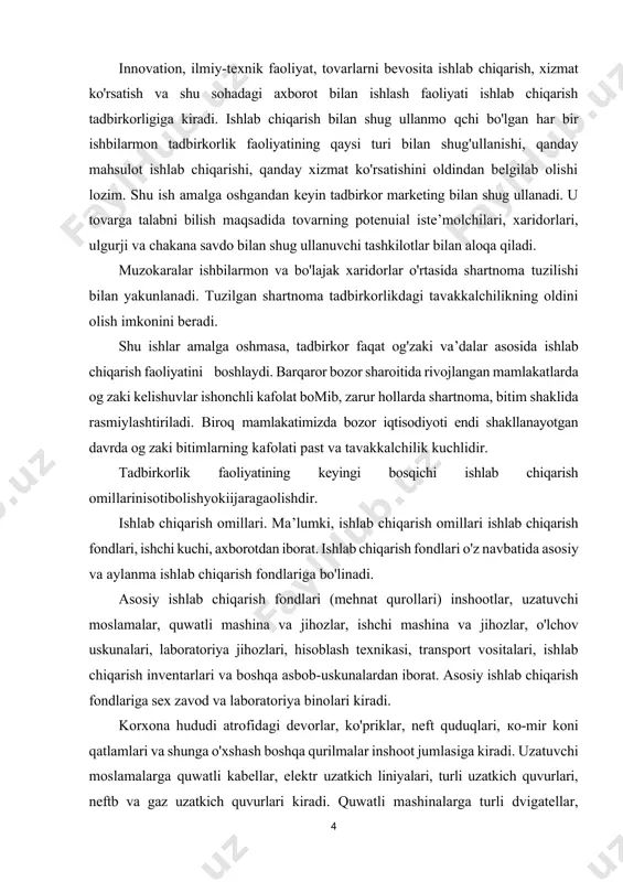 rlari va boshqa asbob-uskunalardan iborat. asosiy ishlab chiqarish fondlariga sex zavod va laboratoriya binolari kiradi. korxona hududi atrofidagi devorlar, ko'priklar, neft quduqlari, кo-mir koni qatlamlari va shunga o'xshash boshqa qurilmalar inshoot jumlasiga kiradi. uzatuvchi moslamalarga quwatli kabellar, elektr uzatkich liniyalari, turli uzatkich quvurlari, neftb va gaz uzatkich quvurlari kiradi. quwatli mashinalarga turli dvigatellar, turbinalar, bug' qozonlari va boshqalar kiradi. asosiy ishlab chiqarish fondlarining muhim dementi ishchi mashina va uskunalar hisoblanadi. ularga yordamchi uexlarning barcha texnologik moslamalari, mashina va uskunalari kiradi. asosiy fondlarning bu qismi shartli ravishda aktiv qismi deb hisoblanadi, chunki shu mashina va uskunalarda mahsulotlarning asosiy qismi tayyorlanadi. transport vositalari tarkibiga avtomobil, temir yo'l, havo yo'llari va boshqa transporting barcha turiari kiradi. aylanma ishlab chiqarish fondlarini (mehnat predmetlari) xomashyo, asosiy va yordamchi materially yonilg i va energetik resurslar, idish va idish moslamalar, chidamsiz va qisqa muddatda ishlatiladigan asboblar va ishlab chiqarish moslamalari, ta’mirlash uchun zarur ehtiyot va butlash qismlari …