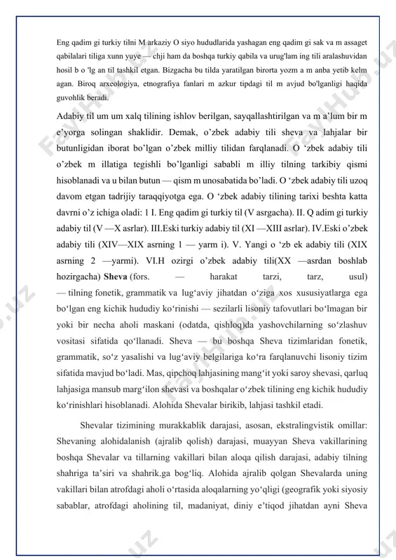 margʻilon shevasi va boshqalar oʻzbek tilining eng kichik hududiy koʻrinishlari hisoblanadi. alohida shevalar birikib, lahjasi tashkil etadi. shevalar tizimining murakkablik darajasi, asosan, ekstralingvistik omillar: shevaning alohidalanish (ajralib qolish) darajasi, muayyan sheva vakillarining boshqa shevalar va tillarning vakillari bilan aloqa qilish darajasi, adabiy tilning shahriga taʼsiri va shahrik.ga bogʻliq. alohida ajralib qolgan shevalarda uning vakillari bilan atrofdagi aholi oʻrtasida aloqalarning yoʻqligi (geografik yoki siyosiy sabablar, atrofdagi aholining til, madaniyat, diniy eʼtiqod jihatdan ayni sheva vakillaridan keskin farklanishi tufayli), sheva vakillarining anʼanaviy turmush tarzini saqlab qolishga astoydil intilishi oqibatida sheva juda sekinlik bilan oʻzgaradi, katta va kichik yoshdagilarning tilidagi farq sezilarsiz darajada boʻladi. adabiy tilning yoki boshqa shahrining kuchli taʼsiri ostida boʻlgan shahrida aholining turli guruhlari nutqiga xos boʻlgan, birbiriga qarama-qarshi qoʻyilgan va turli darajada farqlanadigan anʼanaviy (qad.) va yangi qatlamlar ajralib turadi. milliy til tushunchasining hajmi va qoʻllanish doirasi keng boʻlib, lahja va shevalarni ham qamrab oladi. shevalar adabiy til tushunchasiga …