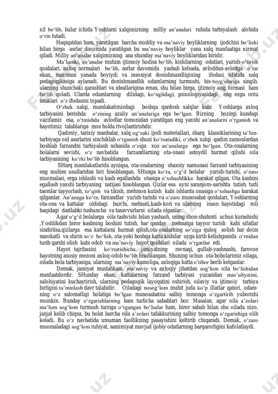 hinchi o‘rinda “ota-ona va qavmi-qarindoshlarning istaklarini bajo etish” va hokazolar aniqlandi. n.sog‘inovning to‘plagan ma’lumotlari yosh oilalar, mojaroli oilalar va yoshlar tarbiyasi bilan mashg‘ul bo‘lganlar uchun muhim ilmiy yo‘l-yo‘riqdir. bundan tashqari, oxirgi yillarda katta guruhlar psixologiyasiga oid qator tadqiqotlar o‘tkazildi. masalan, v.m.karimovaning o‘zbek xotin-kizlari ijtimoiy tasavvurlarining o‘zgarishi mexanizmini o‘rganishga bag‘ishlangan tadqiqoti (1987), e. usmonovning o‘zbek ayollarining suitsidal (ya’ni o‘z-o‘ziga o‘t qo‘yish) xulq-atvorining ijtimoiy-psixologik sabablarini o‘rganishga bag‘ishlangan tadqiqoti (1993), e. no‘‘monovaning o‘zbek oilalaridagi reproduktiv ustanovkalarning xususiyatlariga bag‘ishlangan, m. zokirovaning erkak va ayollardagi rollar hakidagi tasavvurlarning o‘ziga xosligini o‘rganishga bag‘ishlangan ilmiy tadqiqoti, m.toshpo‘latovning o‘zbek yoshlaridagi ijtimoiy xulq-atvorning bozor iqtisodiyoti sharoitidagi o‘ziga xos qirralarini o‘rganishga qaratilgan ishlari va boshqalar shular jumlasidandir. mazkur tadqiqotlarning ko‘rsatishicha, bizning hududimizda ham oila-nikoh munosabatlari yil sayin o‘zgarib 6ormoqda. bu boradagi o‘zgarishlarga: 1) oilaning jamiyat oldidagi funksiyalarining o‘zgarib borishi; 2) oila a’zolari sonining va tug‘ilishning kamayishi, murakkab ko‘p oilali tipdan, alohida mavjud bo‘lgan alohida oilalar tipiga aylanib borayotganligi; 3) oilaviy …