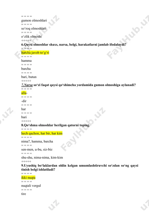 nqov - dushman uchun katta ov. +++++ 12.qaysi gapda aniqlovchi holga tobe bog‘langan? = = = = mehnat faxriylari bilan yangi bog‘da uchrashdik. = = = = bahaybat samolyot yerga ohista qo‘ndi = = = = salimjon – a’lochi o‘quvchi. = = = = ilg‘or terimchilarga mukofot berildi. +++++ 13.gap bo‘laklarining odatdagi tartibi haqida aytilgan qaysi fikr to‘g‘ri emas? = = = = ikkinchi darajali bo‘laklar bosh bo‘laklardan keyin joylashadi. = = = = ega va unga tobelangan bo‘laklar oldin joylashadi. = = = = tobe so‘z hokim so‘zdan oldin joylashadi. = = = = mustaqil to‘ldiruvchi va mustaqil hol kesim oldida joylashadi. +++++ 14.gap bo‘laklarining odatdagi tartibi qaysi uslubga xos holat sanaladi? = = = = ilmiy uslub = = = = badiiy uslub = = = = so‘zlashuv uslubi = = = = publitsistik uslub +++++ 15.qaysi javobda tobe so‘z sifat bilan ifodalangan holli birikma berilgan? = = …