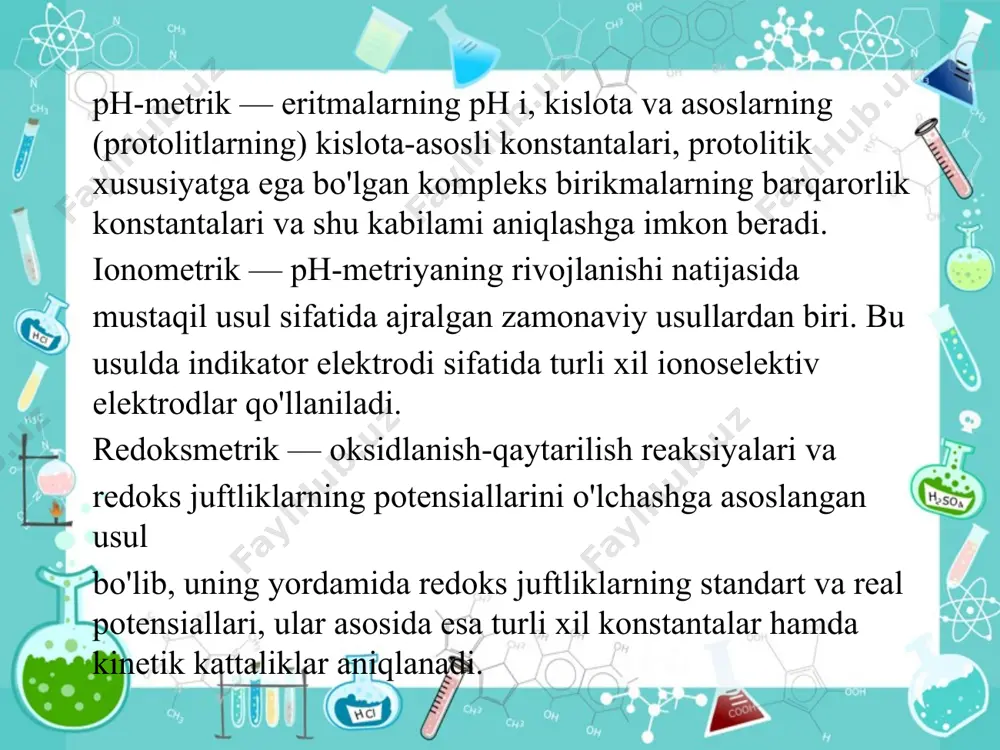 [h+] = [oh] bo'lganda elektrodlar sistemasida yuzaga keladigan potensiallar ayirmasi keskin o'zgaradi, ya’ni potensial sakrash ro'y beradi. shu holat titrlashning ekvivalent nuqtasi hisoblanadi. potensiometrik titrlash kislotali-asosli, oksidlanish-qaytarilish, kompleks hosil bo‘lishi va cho‘ktirish reaksiyalari asosida shunday xossalarga ega bo‘lgan moddalarni aniqlash va tekshirish uchun keng qo‘llaniladi. suvdan boshqa yoki aralash erituvchilarni ishlatib, murakkab tarkibli kislota (yoki asoslar)aralashmalarini ham titrlash mumkin. bunda suvsiz erituvchilarning:kislota va asoslarni ionlangan holatdan ionlashmagan holatga va aksincha, o‘tkazish; erigan moddaning kislota-asosli xossalarini o‘zgartirishi kabi xossalaridan foydalaniladi. birinchi potensiometrik titrlash 1893 yilda leypsigdagi ostvalda institutida r. berend tomonidan o`tkazilgan. u bu haqda o`zining “elektrometrik analiz” (“electrometrische analyse”) maqolasida e`lon qiladi. berend nima uchun ekvivalent nuqtada potensial sakrashi sodir bo`lishini, titrlash egri chiziqlari neytrallash, cho`ktirish va oksidlanish–qaytarilishga asoslangan usullarda bir xilda kuzatilishini tushuntiradi. keyingi potensiometrik titrlash 1897 yilda v. byotger tomonidan taklif etildi. bu usulda kislota va asoslarni oltinni palladiy bilan qoplagan vodorod elekrodi yordamida aniqladi. taqqoslash elektrodi vazifasini …