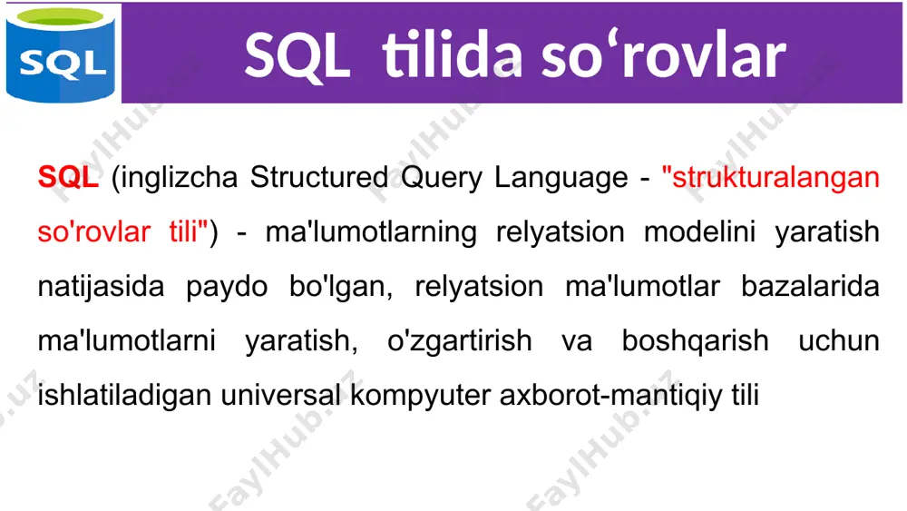 by amount, city 9 sql tilida so‘rovlar 6. saralash yo'nalishi ko’rsatilishi jimlik bo‘yicha order by operatori o'sish tartibida saralashaydi, qiymatlarning kamayish tartibida saralash ham mumkin. buning uchun har bir maydonning oxiriga desc operatori (bu descending so'zining qisqartmasi)qo'yiladi. select * from sumproduct order by amount desc, city 10 sql tilida so‘rovlar ko'pgina hollarda, barcha yozuvlarni emas, faqat ma'lum mezonlarga javob beradiganlarini olish kerak bo‘ladi. buning uchun, sql-da tanlashni filtrlash uchun maxsus where operatori mavjud. select maydon…. from table_name where predicate select * from mytable where mycol > 100 11 sql tilida so‘rovlar 7. where operatori bilan oddiy filtrlash masalan, jadvaldan faqat ma'lum bir mahsulotga tegishli yozuvlarni tanlaymiz. buning uchun product ustuni qiymatni bo'yicha filtrlaydigan qo'shimcha filtrlash parametri ko‘rsatiladi. matn qiymatlarini tanlash bo'yicha so'rov: select * from sumproduct where product = 'bikes' 12 sql tilida so‘rovlar select * from sumproduct where product = 'bikes' 13 sql tilida so‘rovlar select * from sumproduct …