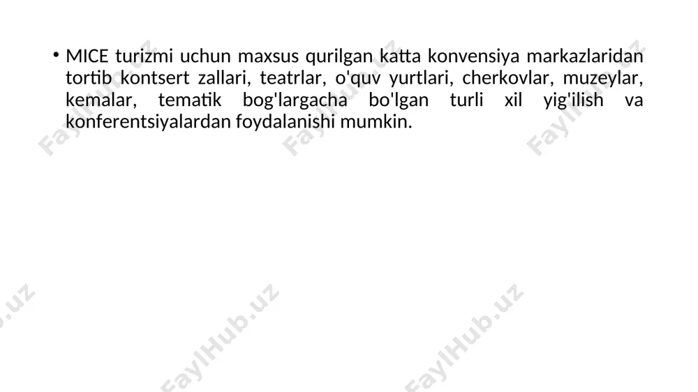 tashkilotlar uchun ma'lumotlardan foydalanish imkoniyatlarini kengaytirish; 3) yig'ilish tashkilotchilariga evropada ularning talablariga javob beradigan shaharni topishda yordam berish; 4) xalqaro maydonda o'z a'zolarini qo'llab-quvvatlash; 5) xalqaro nufuzli tashkilotlar, uyushmalar va boshqa muassasalar bilan hamkorlik qiladi; 6) konferentsiyalar o'tkazish uchun kadrlarni ixtisoslashtirilgan tayyorlashni amalga oshirish; 7) evropa konferentsiyasi sanoati uchun ma'ruzachi vazifasini bajaradi. federatsiyaga a'zo bo'lish uchun shahar quyidagi mezonlarga javob berishi kerak: - tegishli uskunalar va xizmat ko'rsatish darajasiga ega bo'lgan kamida 300 delegatdan iborat konferentsiyalar o'tkazish uchun sharoitlarga ega bo'ling; - kamida 300 delegatni qabul qilish uchun sifatli mehmonxonalarga ega bo'ling; - barcha delegatlarga transport xizmatlarini ko'rsatish; - konferentsiya mutaxassislaridan yaxshi jamoaga ega bo'lish; - o'tgan yillarda bir nechta xalqaro konferentsiyalar o'tkazish tajribasiga ega bo'lish; - federatsiya ishtirokchilarining mamlakat ichida va tashqarisida erkin harakatlanishini ta'minlash. savdo ko'rgazmalari va savdo yarmarkalari odatda savdo-sotiqni rivojlantirish yoki mehmonlarni xabardor qilish uchun taklif qilingan vakillarga mahsulot va xizmatlarni taqdim etish uchun o'tkaziladi. bunday …