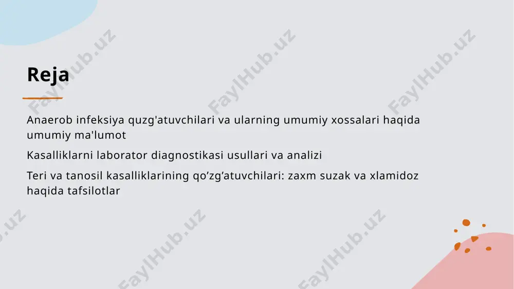 a qarshi himoya qiladi va kasallikning rivojlanishini oldini oladi. 02 profilaktika usullari to'g'ri gigiena, vaksinalar va profilaktik davolashlar infeksiya riskini kamaytiradi. bu usullar kasallikni oldini olishda muhim ahamiyatga ega. 03 immunitetni mustahkamlash sog'lom ovqatlanish, jismoniy faollik va stressni boshqarish immunitetni mustahkamlashga yordam beradi, infeksiya bilan kurashishda qo'shimcha himoya bo'ladi. laborator diagnostikasi usullarining asosiy tamoyillari va jarayonlari 1 mikrobiologik usullar laborator diagnostikasida mikrobiologik usullar asosiy rol o’ynaydi, ular bakteriyalarni aniqlash va identifikatsiya qilish uchun namuna olish, o’simlik va inkubatsiya jarayonlarini o’z ichiga oladi. 2 mikroskopiya texnologiyalari mikroskoplar yordamida bakteriyalarni ko’rish va ularning morfologiyasini o’rganish mumkin, bu diagnostik jarayonning asosiy bosqichlaridan biridir. 3 biokimyoviy testlar bu testlar bakteriyalarning metabolik xususiyatlarini aniqlashga yordam beradi, ularning turini va patogenligini belgilaydi, shuningdek, davolash takliflarini aniqlashda qo’llaniladi. 4 genetik metodlar pcr va genetik tahlil usullari yordamida bakteriyalar genetik materialini aniqlash va aniqlik bilan turini belgilash mumkin, bu usullar tez va aniq natija beradi. anaerob bakteriyalar va …