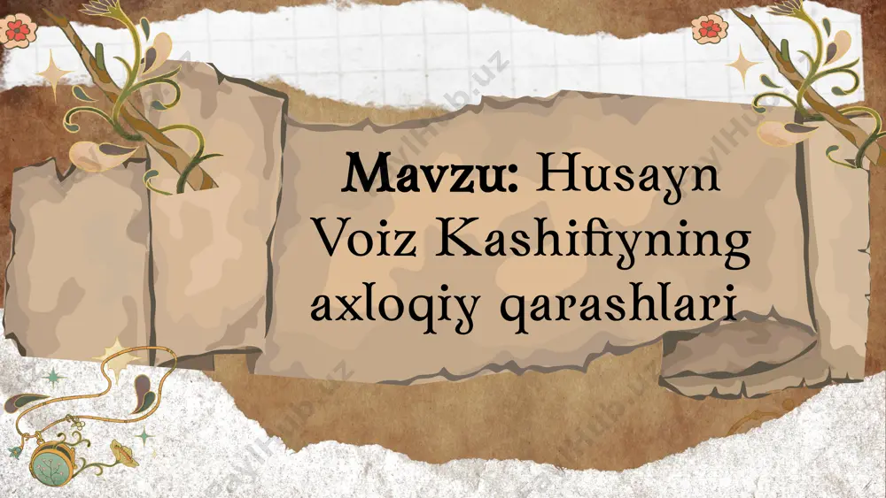 sarlari bor. husayn voiz koshifiy 1505 yilda xirotda vafot etadi. kamoliddin husayn - allomaning ism-sharifi, voiz (notiq) - laqabi, koshifiy (kashf qilmoq, yaratmoq) - adabiy taxallusidir. husayn voiz koshifiy asarlarini o‘z davrining ilmiy tili - fors tilida yozgan bo‘lib, undan ko‘pgina ilmiy, badiiy tarjima asarlari ham meros qolgan. u falsafa, axloq, tilshunoslik, adabiyotshunoslik, siyosat, tarix, kimyo, astronomiya, matematika, musiqa, voizlik, she’r san’ati, din tarixi, fiqh, tibbiyot kabi fanlarga oid 200 dan ortiq asar yozganligi manbalardan ma’lum. ko¬shifiyning o‘zbekiston fanlar akademiyasi abu rayhon beruniy nomidagi sharqshunoslik va h sulaymonov nomidagi qo‘lyozmalar institutlarida 45 nomdagi asarlarining 197 qo‘lyozma va 75 toshbosma nusxalari saqlanmoqda. bundan tashqari u o‘z davrining ko‘zga ko‘ringan iloxiyotchi olimi bo‘lib, hadisni, qur’oni karimni yoddan bilgan, hatto qur’onga to‘rt kitobdan iborat sharh ham yozgan. koshifiyning "axloqi muhsiniy", "risolai xotamiya", "anvori suxayliy", "futuvvatnomai sultoniy", "tavsiri husayniy", "javohirnoma" kabi undan ortiq asari arab, tatar, eski o‘zbek, o‘rdu, turk, nemis, ingliz, fransuz va …
