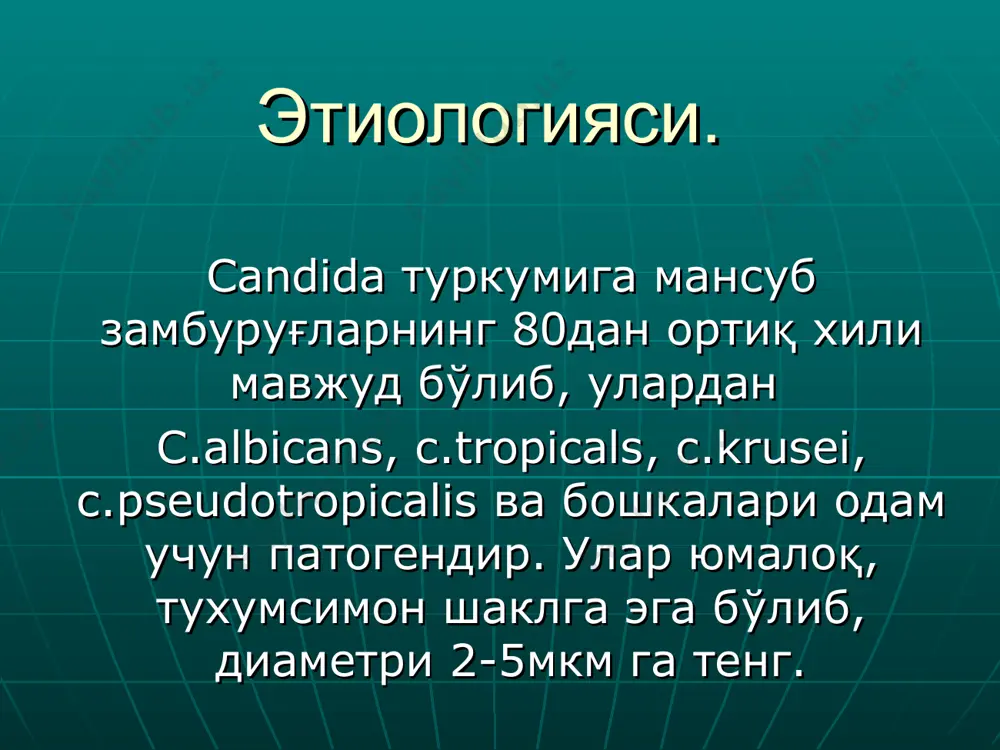 яралар билан бирга намоен бўлади. болаларда жараен аксарият думба ва чов-сон сохаларида қайд қилинади. айрим холатларда эса жараен қулоқ супрасининг орқасида, оеқнинг бармоқ ораси бурмаларида, буйин ва юзда кузатилади. дармонсизланган болаларда тери кандидози щиллиқ қаватлар зарарланиши билан бирга кечади. бу холатларда касаллик огир кечади. кандидозли инфекциянинг дифференциал диагнози. тери ёки шиллиқ қаватларнинг бактериал жарохатланишлари билан. скарлатина: малинасимон тил менингококкли сепсисда геморрагик тошмалар менингококкли сепсис: пурпура кандидозли инфекциянинг вицерал шакли асосан гипотрофия, оғир соматик еки юқумли касалликлар, иммунитақчиллик фонида ва антибиотиклар билан узоқ даволанганда юзага келади. амалиетда хаво йуллари кандидози (ларингит, бронхит, зотилжам), хазм аъзолари кандидози (эзофагит, гастрит, энтерит, энтероколит), сийдик ажратиш аъзолари кандидози (пиелит, пиелонефрит) сифатида чегараланиб учраши мумкин. баъзан улар бирга келади еки сепсисга айланади.