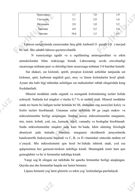 alar bilan ifloslanganligi haqida xulosa qilish mumkin. vitaminlar. sutlarda hozirgi kunda ma`lum bo`lgan vitaminlarning hammasi mavjud bo`lsada, lekin ularning ba`zi birlari juda kam miqdorda bo`ladi. yoz oylarida yaylovda xaydab boqilgan chorva mollari sutida, qishda uyda boqilgan chorva mollarining sutiga qaraganda vitaminlar miqdori ancha ko`p bo`ladi. buning asosiy sababini yoz oylarida mollarning vitaminlarga boy ko`k o`tlar yeyishi bilan tushuntirish mumkin. sutda ko`pincha suvda eruvchi vitaminlar – в1, в2, в3, в6, с, рр, н uchraydi. yog`da eruvchi vitaminlar esa yog`ga boy o`t mahsulotlarining tarkibida bo`ladi. a vitamini hayvon organizmida karotinaza fermenti ta`sirida yemish tarkibidagi karotindan sintez bo`ladi. karotin sariq rangli pigment bo`lganligi uchun sut mahsulotlarining rangiga qarab qanchalik darajada karotinga boyligi haqida xulosa qilish mumkin. masalan, yoz oylarida tayyorlangan sariyog`lar sariq rangli bo`lsa, qish oylarida tayyorlangan sariyog`lar oq rangli bo`ladi. a vitamini haroratga chidamli bo`lganligi uchun sutni pasterizatsiya qilganda ham parchalanmasdan deyarlik sutda saqlanib qoladi. lekin, sutni saqlash jarayonida havo kislorodi va …