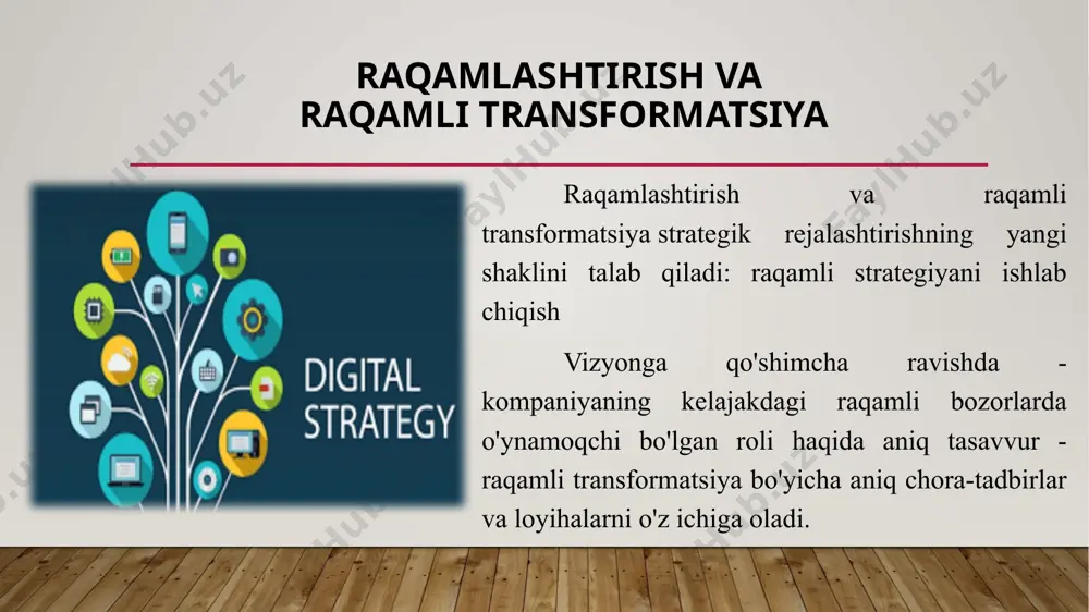 ada raqamli transformatsiyani amalga oshirish, raqamli marketing va raqamli savdo, raqamli biznes modellarini ishlab chiqish bo'yicha harakatlar rejasi . raqamli strategiyaga kompaniyaning barcha ixtisoslashgan bo'limlari kiritilgan. qiyinchiliklar va imkoniyatlar shuning uchun raqamli strategiya raqamli bozorlarda tadbirkorlik maqsadlariga erishish uchun xatti-harakatlar va chora-tadbirlarni belgilaydi. mckinsey tadqiqotiga ko'ra , so'rovda qatnashgan barcha rahbarlarning atigi sakkiz foizi o'zlarining hozirgi biznes modeli raqamlashtirishdan hech qanday zarar ko'rmasdan omon qoladi, deb hisoblashadi . raqamli strategiya raqamlashtirishning qiyinchiliklari va imkoniyatlarini qanday hal qilish kerakligiga javob beradi. oxir-oqibat, bir narsa aniq: baribir raqamli strategiyadan qochib qutula olmaysiz. shunday qilib, siz uni iloji boricha yaxshi sozlashingiz kerak. it strategiyasi raqamli strategiya kichik va o'rta kompaniyalar ko'pincha tushib qoladigan tuzoqlardan biri it strategiyasini raqamli strategiya yoki u bilan sinonim deb o'ylashdir. bu erda kompaniyani raqamlashtirish niyati ko'pincha noto'g'ri tushuniladi. it strategiyasi raqamli strategiyaning tarkibiy qismidir va uning muvaffaqiyati uchun zarurdir. biroq, u faqat kompaniyaning o'z biznes bo'limida tegishli tizimlar, …