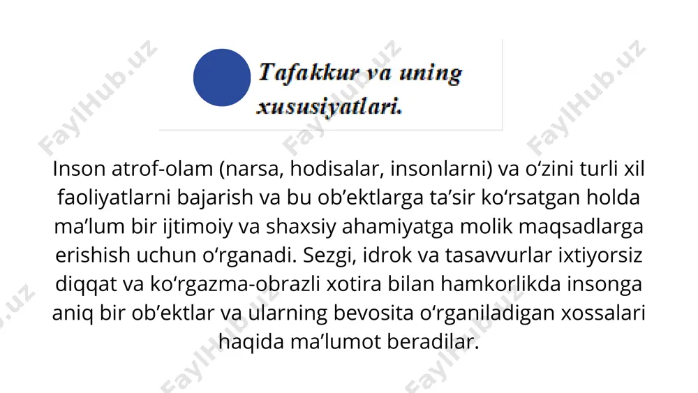 masalan, olma, nok, olxo‘ri, o‘rik va h.k.lardagi o‘xshash belgilar «mevalar» so‘zi bilan ifodalanadigan yagona tushunchada namoyon bo‘ladi. abstraksiya – bu jism va hodisalarning muhim bo‘lgan xossa va belgilarini fikran ajratib, bir vaqtning o‘zida ahamiyatsiz belgilar va xossalardan ayro holatda ko‘rsatish. xuddi shunday, mas’uliyatlilik hissi haqida so‘z yuritganimizda, biror-bir ishchi, muhandis, talabaning emas, balki har bir insonning muhim xususiyati sifatida gapiramiz. abstraklashtirish odatda tahlil natijasida amalga oshiriladi aniqlashtirish – bu umumlashtirilgan bilimlardan yagona, alohida vaziyatga fikran o‘tish. o‘quv faoliyatida aniqlashtirish – umumiy nazariy qonun, qoida, nizomni tasdiqlovchi misol, rasm, aniq dalilni keltirish demakdir. thank you for your attention