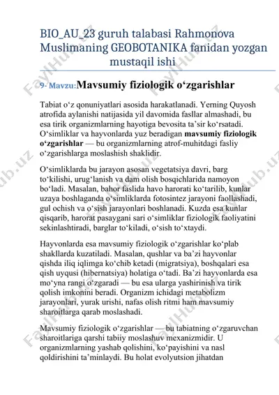 mavsumiy fiziologik o‘zgarishlar — DOCX