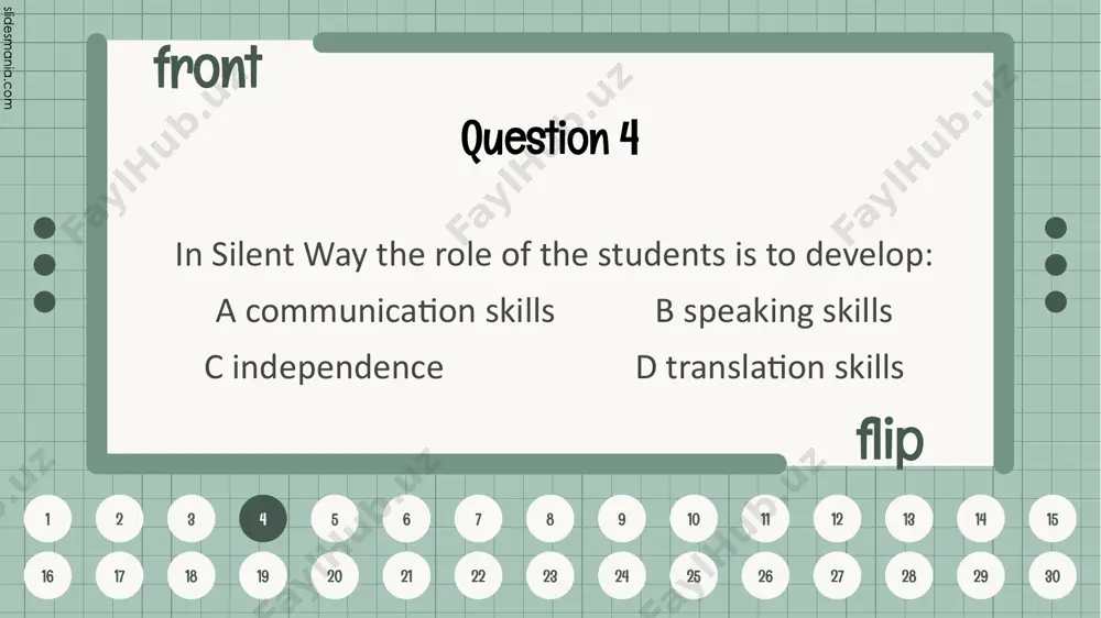 21 22 23 24 25 26 27 28 29 30 question 30 which of the following statements is not true about alm? a drills are used to teach structural patterns b set phrases are memorized with a focus on intonation c focus is on pronunciation d long, elaborate explanations of the intricacies of grammar are given 30 front flip 1 2 3 4 5 6 7 8 9 10 11 12 13 14 15 16 17 18 19 20 21 22 23 24 25 26 27 28 29 30 silent way emphasizes learner autonomy and active student participation. answer 1 1 back flip 1 2 3 4 5 6 7 8 9 10 11 12 13 14 15 16 17 18 19 20 21 22 23 24 25 26 27 28 29 30 answer 2 2 in silent way the goal of the teacher is to enable students to use …