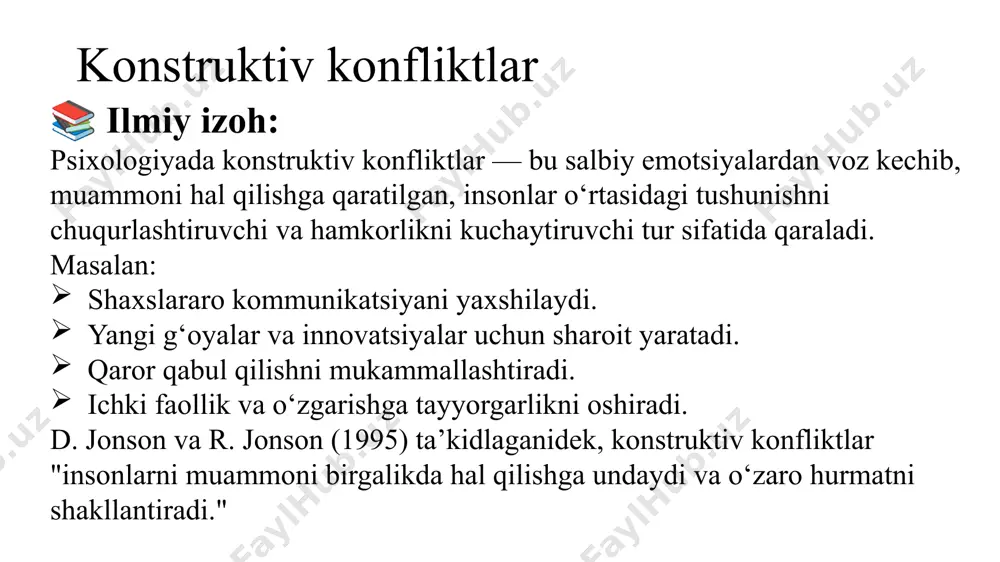 linishi. 3. shaxslararo konfliktlarni aniqlashning uslub va shartlari 1. so‘rovnoma va testlar: – “konfliktga moyillik testi” (a. n. lebedeva), – “muloqotdagi muammolar testi” (yu. m. orlov), – thomas-kilmann konflikti yechish uslubi testi. 2. kuzatuv (obektiv baholash): – shaxslararo muloqot jarayonini tahlil qilish orqali ziddiyat alomatlarini aniqlash (masalan: yuz ifodasi, tana harakati, mimika). 3.suhbat / intervyu: – ishtirokchilar bilan individual suhbatlar orqali sabab va munosabatlarni tushunish. 4. ijtimoiy-psixologik treninglar: – rol o‘yinlari orqali yashirin ziddiyatlarni yuzaga chiqarish. shartlari: neytrallikni saqlash – aniqlovchi shaxs (psixolog, o‘qituvchi) xolis bo‘lishi kerak. maxfiylik – ishtirokchilar o‘zlarini xavfsiz his qiladigan muhitda bo‘lishi lozim. hissiyotlarni nazorat qilish – ziddiyatni faollashtirmasdan aniqlash. ochiqlik va ishonchli muloqot – ishtirokchilar fikrini erkin ifoda eta olishi. “konfliktga moyillik testi” (a. n. lebedeva) test savollari: 1. odamlar sizni tez-tez noto‘g‘ri tushunadimi? 2. qaysidir tanqidga osonlikcha jahlingiz chiqadimi? 3. bahsda so‘nggacha o‘z fikringizni himoya qilasizmi? 4. yaqinlaringiz bilan ko‘p bahslashasizmi? 5. e’tiboringizdan chetda …