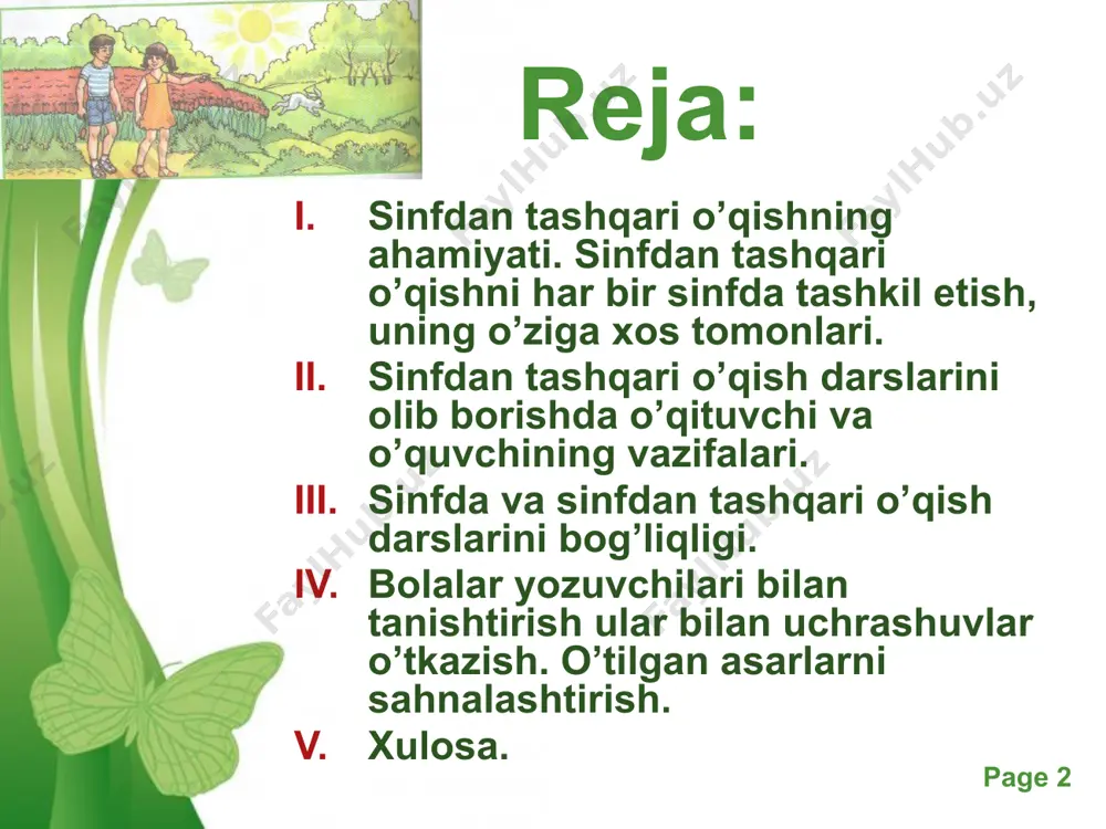 iqasida bolalar badiiy adabiyoti bilan tanishtiriladi. maqsad kichik yoshdagi bolalarda kitobga mehr uyg’otish, mustaqil uquvlarini paydo qilishdir. asosan bu sinf o’quvchilariga kitob bilan muomala qilish, kitob o’qish qoidalari, kitobni asrash, asar qahramonlarining hatti harakatini kuzatish, ijobiy tomonlarini o’rganish, obrazli qilib qayta hikoya qilib berish bilim, ko’nikma va malakalar shakllantiriladi. bu sinf o’quvchilari uchun asosan rasmlarga boy kitoblar olinadi. o’qituvchi bolalarning his-tuyg’ularini o’stiradigan kitoblarni o’qib berish orqali mustaqil mamlakatimiz, uning go’zal shaharlari, qishloqlari, milliy urf-odatlari, qadriyatlari, o’tmishi, insonlarning orzu-istaklari bilan tanishtiriladi. ularda bilimga havas uyg’otadi. free powerpoint templates page ‹#› 2-sinfda o’quvchilar kichik hajmdagi asarlarni o’qituvchining yordami va topshirig’i asosida mustaqil o’qishga o’tadilar. bu sinfda 2 haftada bir marta sinfdan tashqari o’qish darsi o’tkaziladi. ona – vatan va ota-bobolar jasorati, o’simliklar, qushlar hamda hayvonlar haqidagi asarlarni o’qituvchi topib, tanlab o’quvchilarga o’qishga tavsiya etadi. 3 va 4-sinflarda sinfdan tashqari o’qish mashg’ulotlarida o’quvchilarning mustaqil o’qishlari uchun kishilarning hayoti, yorqin tasvirlangan, ularning ma’naviy-ahloqiy turmush …