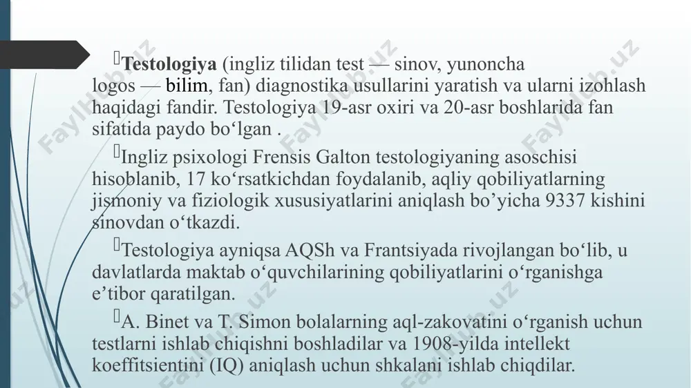 an o‘quv materiali qayta ishlanmasdan, ularning xotirlash qobiliyatini aniqlovchi, hodisa, voqea, qonun va atamalarning mohiyatini bilishni talab qiladigan daraja; o‘rtacha qiyin (produktiv) (ii)-talabalardan ob’ektlarni tahlil qilish, sintezlash, taqqoslash, bir nechta qonun va qonuniyatlarni bir vaqtda qo‘llab, umumlashtirish orqali xulosa yasashni talab qiluvchi daraja; qiyin (qisman-izlanishli) (iii)-talabalar tomonidan avval o‘zlashtirilgan bilim, ko‘nikma va malakalarni yangi kutilmagan vaziyatlarda qo‘llash, ob’ektlarni tahlil qilish, sintezlash, qiyosiy taqqoslash, qonun va qonuniyatlarni qo‘llab, umumlashtirish orqali xulosa yasashni talab qiluvchi daraja; eng qiyin (kreativ) (iv)-talabalar tomonidan avval o‘zlashtirilgan bilim, ko‘nikma va malakalarni kutilmagan vaziyatlarda vujudga keltirilgan o‘quv muammolarni hal etishda qo‘llash, tahlil, sintezlash, qiyosiy taqqoslash, umumlashtirish, xulosa yasash kabi aqliy operatsiyalarni bajarishni talab qiluvchi daraja; test tuzish qoidalari: test topshirig‘ining savoli aniq, lo‘nda, qisqa ifodalangan bo‘lishi, unda zaruriy muhim ma’lumotlar keltirilishi, keraksiz, ortiqcha so‘zlarni ishlatmaslik, shuningdek, savol ikki xil ma’noni anglatmasligi kerak. standart test topshirig‘ining javobi to‘rtta bo‘lib, ulardan bittasi mutlaq to‘g‘ri bo‘lishi, muqobil javoblar orasida “javoblarning …