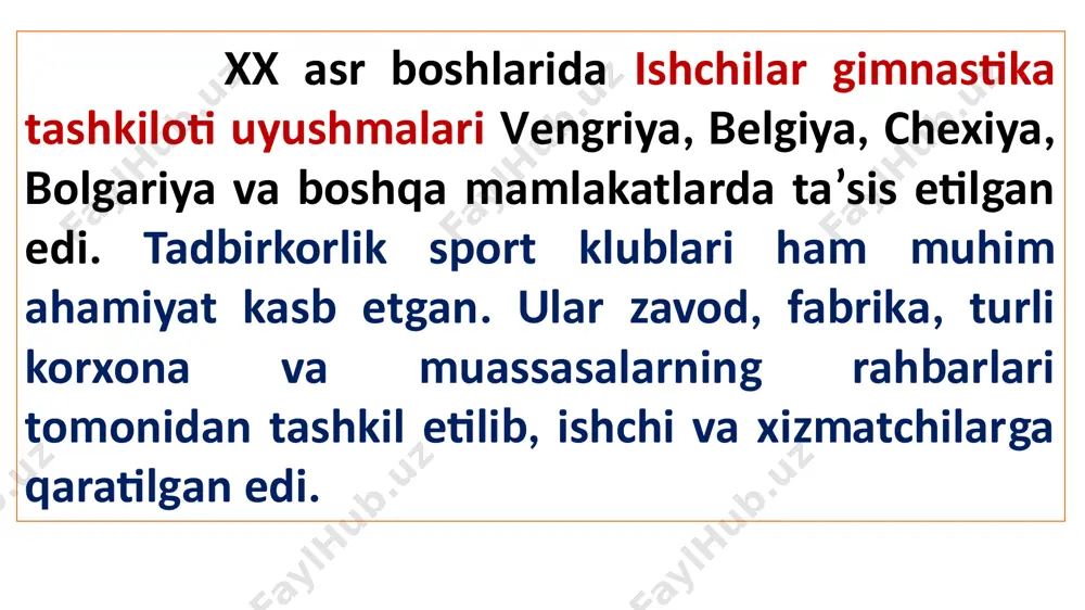 ing 4000 ga yaqin mahalliy tashkiloti bor edi. «balilla» tashkilotlarida yengil atletika, qilichbozlik, gimnastika, eshkak eshish va hakazo keng qo‘llaniladi. shu bilan bir qatorda har bir joyda geografik va iqlim sharoitlariga qarab, maxsus sport turlari: alpda tog‘ chang‘i sporti, dengiz bo‘yida suzish, yelkan sporti, daryolarda suzish, eshkak eshish, tekislikda ot sporti, hamma joyda sport o‘yinlari (regbi, futbol, basketbol, voleybol), otish, velosiped sporti va sportning motorli turlari ham taraqqiy ettirildi. bularda sportning avtomobil, mototsikl, aviatsiya, planer va parashyut turlari, qilichbozlik, kurash, boks, og‘irlik ko‘tarish va gimnastikani taraqqiy ettirishga katta ahamiyat berildi. italiyada fashistlar armiyasiga rezervlar tayyorlash maqsadida «opera natsionale dopolivora» nomi bilan juda ko‘p tashkilotlar vujudga keltirildi. yaponiyada jismoniy tarbiya va sport ishlarini harbiylashtirish nihoyatda tez sur’atlar bilan olib borilgan. siyosati yangi bosqinchilik urushiga tayyorlanish vazifalariga bo‘ysundirilgan yapon imperialistlari ana shu maqsadlarda maktab, sport va gimnastika tashkilotlaridan keng foydalanganlar. o‘quv yurtlari va sport tashkilotlari harbiy-jismoniy tarbiyaning, shovinistik va militaristik kayfiyatlarni yoyishga …