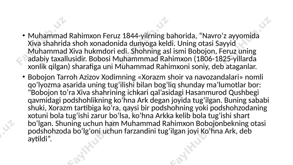 ona va otomi xuravonalaridin sarshor bo‘ldilar, ul jumladin ogahiy bu ta’rixni aytib erdi: bu so‘zlarnikim, men bayon ayladim, necha bayt birla ayon ayladim. bularga qayu shahki qilsa amal, oning mulkiga etmas aslo xalal. hukumat binosi bo‘lur ustuvor, oning xonadonida tutg‘ay qaror. shaho, olam ichra bugun shohsen, burundin bu so‘zlarga ogohsen. umidim budurkim, amal qilg‘asen, amal aylamakda jadal qilg‘asen". muhammad rahimxon bayoniy tavsif etganidek, "ko‘p yerlarni obod etdilar, ko‘p masjidlar va madrasalar va qorixonalar bino" qildilar. feruz har yili bahor va kuz mavsumlarida yer qazish ishlarini tashkil etish haqida farmonlar chiqargan, uning bajarilishini shaxsan o‘zi nazorat qilib borgan. ogahiyning qayd etishicha, xon har kuni erta bilan yer qazuvchilar huzurida bo‘lar va ularga ezgu ishlarida oq fotiha berar ekan. bu holat boshlangan ishning yakuniga qadar davom etar edi. shu tariqa mamlakatda qanchadan-qancha kanallar, sug‘orish inshoatlari, ariqlar barpo etildi. feruz xuddi otasi sayyid muhammadxon singari haftaning har ikki kunini adabiyot va san’atga bag‘ishlaydi. …