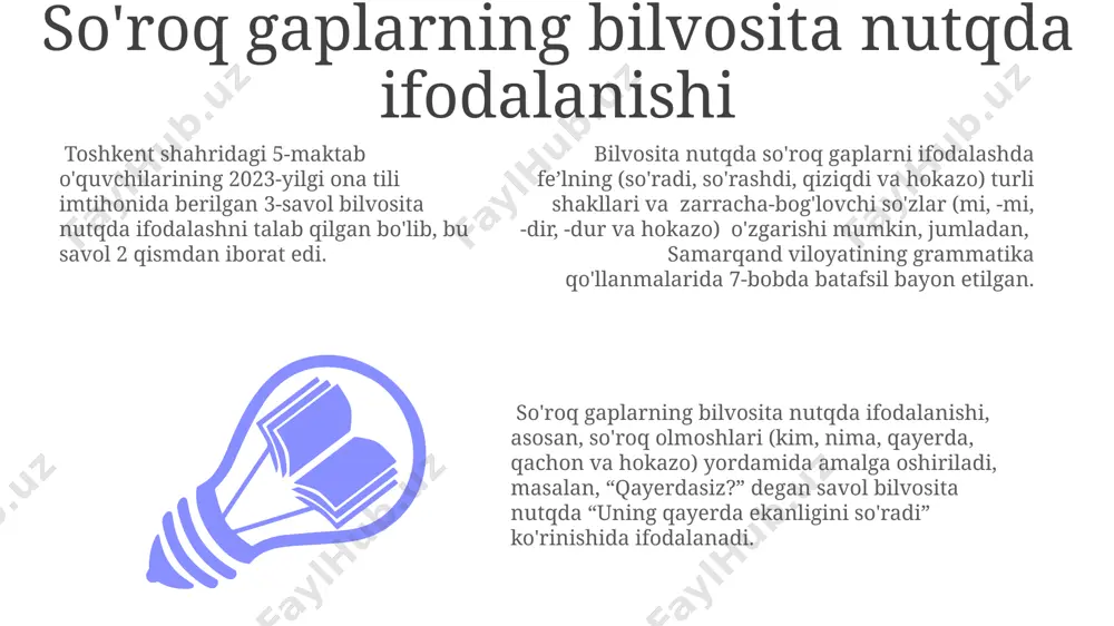 and va buxoro)dagi 5 ta misolda ko'rsatiladi. bilvosita nutqda asosiy fe'l (deydi, aytdi) va bog'lovchi so'zlardan keyin fe'lning zamon shakli o'zgaradi, masalan, "u aytdiki, u 2 kun oldin toshkentga borgan" jumlasida. buyruq gaplarning bilvosita nutqda ifodalanishi samarqanddagi 1-litsеydа o'qituvchi o'quvchilarga "darslikning 10-betini o'qing!" dedi. bilvosita nutqda: "o'qituvchi o'quvchilarga darslikning 10-betini o'qishni buyurdi" shaklida ifodalanadi. bu, buyruq gapning bilvosita nutqdagi ifodalanishiga misoldir. buyruq gaplar bilvosita nutqda, masalan, "3-maktab o'quvchilari, 5-sinf darsligidagi 22-mashqni bajaring!" gapini "o'qituvchi 3-maktab 5-sinf o'quvchilariga 22-mashqni bajarishni buyurdi" deb ifodalash mumkin. farg'ona viloyatining 2-maktabida o'tkazilgan testda, 15-savolga javob berishda "javobni yozing!" degan buyruq gap bilvosita nutqda "testda ishtirokchilarga 15-savolga javob yozish talab qilindi" kabi ifodalanadi. to'g'ridan-to'g'ri nutqdan bilvosita nutqqa o'tish to'g'ridan bilvosita nutqqa o'tishda, so'z tartibi va bog'lovchi so'zlarning qo'llanishi 3ta asosiy qoidaga bo'ysunadi, jumladan, gapning turiga qarab, xorazm viloyati 1-litseyining grammatika darsliklarida ta'kidlanganidek. to'g'ridan to'g'ri nutqni bilvosita nutqqa o'tkazishda fe'lning zamonini 2-3 birlikka o'zgartirish, masalan, hozirgi zamon …