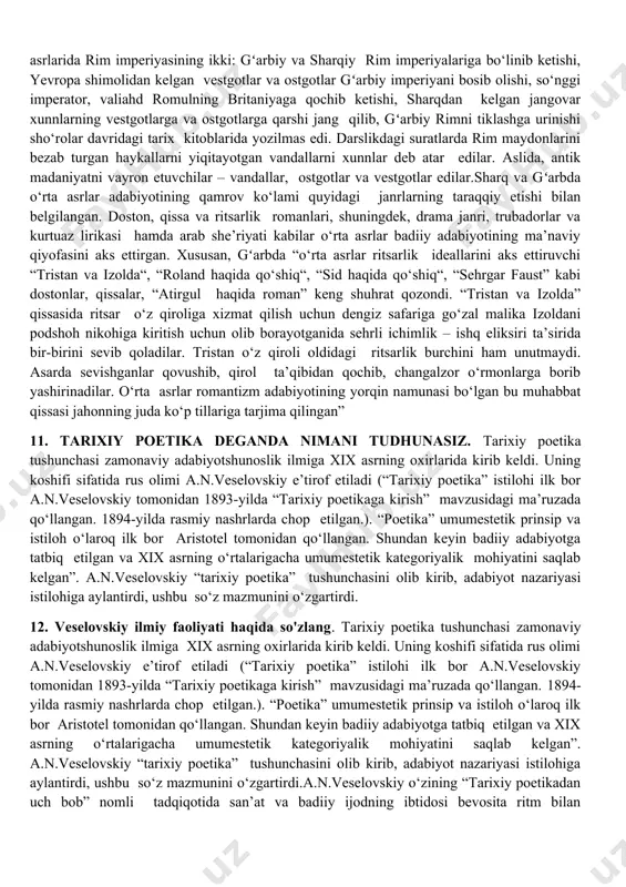 adi.qo‘zg‘olonchilar qonli jangga tayyorlanib, shu uyda qurol-yarog‘ to‘plaganlar;alkey isyonga hozirlanayotgan do‘stlariga xitob qilib, ularni maqsad yo‘lida orqaga qaytmaslikka, bardam va birdam bo‘lishga chaqiradi.yana bir kichkina she’riy parchada xalq qo‘liga o‘tgan davlat idorasini dahshatli to‘lqinda qolgan kema bilan taqqoslaydi. alkey ijodi faqat siyosiy mavzular bilan cheklanib qolgan emas. shoira yor kishining jamolini, hayot nash’alarini, muhabbat zavqini maqtab ham anchagina she’rlar yozgan. biroq bular ham bizgacha yetib kelmagan. u bir to‘rtlikda qimtinib, tortinib sapfoga muhabbat izhor qiladi: 5. qadimgi sharq lirikasi va xalq og‘zaki ijodi.qadimgi sharq lirikasida esa aruz vazni yetakchi sanalgan. aruz (arab. – arz qilmoq, chodirni ushlab turish uchun o‘rtaga qo‘yiladigan yog‘och) — qisqa, cho‘ziq va o‘ta cho‘ziq hijolarning muayyan tartibda guruhlanib takrorlanishiga asoslangan metrik she’r tizimi, she’riy o‘lchovi, vazn. aruz yaqin va o‘rta sharq xalqlari adabiyoti she’r tizimi bo‘lib, dastlab arab adabiyotida maydonga kelgan, ix asrdayoq forsiy adabiyotda ham qo‘llanila boshlagan. turkiy xalqlar adabiyotida, jumladan, o‘zbek adabiyotida ham aruz …