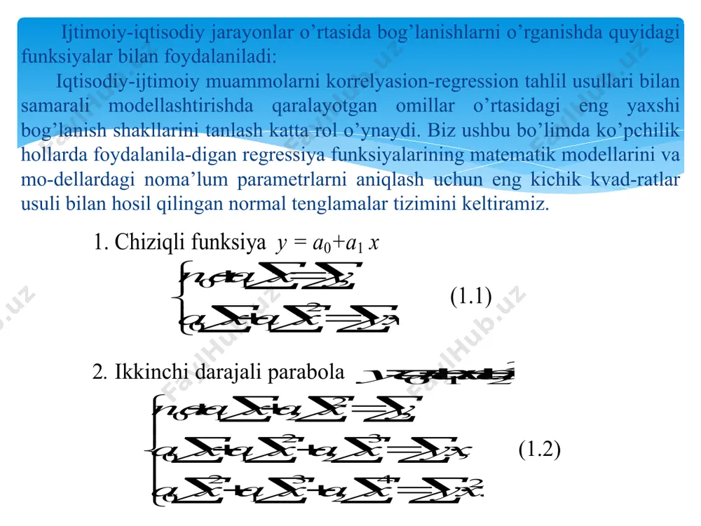           .lnlnln ,ln 2 10 10 xyxaxa yxana (1.10) 11. logistik funksiya bx ea a y    1 0 1 eng avvalo berilgan funksiyani bx ea y a   1 0 1 ko’rinishga keltiramiz, so’ngra eng kichik kvadratlar usuli bilan quyidagi tenglamalar tizimini hosil qilamiz:                                 . , 11 2 10 1 2 0 bxbx bx bx eea y e a yy e a y a (1.11) 12. neoklassik foydalilik kobba -duglas ishlab chiqarish funksiyasi 21 210 aa xxay  )1( 21 aa . model darajasidagi parametrlarni aniqlash uchun, avvalo modelni logarifmik -chiziqli ko’rinishga o’zgartirish lozim: 22110 lnlnlnln aaxaay  . shundan so’ng normal tenglamalar tizimini tuzishda …