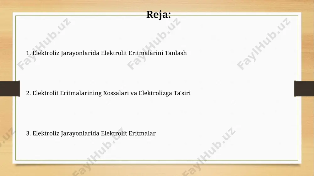 1-5% gacha ion qo'shish orqali o'zgartirish mumkin, bu esa elektrokimyoviy reaktsiyalar tezligini 10-15% ga oshiradi. anod va katod materiallari va ularning geometriyasini tanlash, elektroliz jarayonining selektivligini va samaradorligini sezilarli darajada (masalan, 5-20%) yaxshilashga imkon beradi, bu esa keraksiz yon mahsulotlar hosil bo'lishini kamaytiradi. elektrolizning turli xil turlari erigan tuzlarning elektrolizi, masalan, nacl eritmasining elektrolizi, natriy va xlor kabi metallar va galogenlarni ajratib olish uchun ishlatiladi, bu jarayonda katodda natriy, anodda esa xlor hosil bo'ladi. elektrolizning bir turi bo'lmish suvning elektrolizi 2h₂o → 2h₂ + o₂ reaksiyasi orqali vodorod va kislorod gazlarini hosil qiladi, bu jarayon 1,23 v kuchlanish talab qiladi. elektroliz jarayonining mohiyati elektroliz samaradorligi elektrolit eritmasining konsentratsiyasi, temperaturasi va qo‘llaniladigan tok kuchining o‘zgarishiga bog‘liq bo‘lib, faraday qonunlari bilan aniqlanadi. elektroliz jarayoni, tashqi elektr maydonining ta’siri ostida elektrolit eritmasida kimyoviy reaksiyalarni keltirib chiqaradi, bu yerda 1-2 v dan yuqori kuchlanish qo‘llaniladi. elektrolit eritmalarining ta'rifi va turlari elektrolit eritmalarining turlari quyidagilarni …