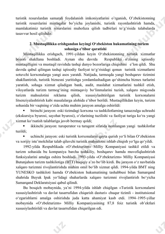 uristik resurslarni, turlari va mohiyatini, ijtimoiy-iqtisodiy mazmuni, hudud bo’yicha joylanish xususiyatlarini, milliy iqtisodiyotda samarali foydalanishni, ekologik-iqtisodiy xususiyatlarini, turizm faoliyatida foydalanish va muhofaza qilishni o’rganishdan kelib chiqadi. mintaqaviy turizm fanining maqsadi va vazifalari hozirgi davrda iqtisodiyotimizni rivojlantirish, aholini ijtimoiy – iqtisodiy ahvolini yaxshilashda yangi ish o’rinlarini ochish katta ahamiyatga ega. shuning uchun qaysi tarmoqlarda yangi ish o’rinlari ochish imkoniyati bo’lsa, undan samarali foydalanish lozim. bugungi kunda turizm jahondagi eng ko’p foyda keltiruvchi biznes ko’rinishlaridan biriga aylangan. u bozor iqtisodiyotining ajralmas qismi bo’lib, dunyoning ko’pgina mamlakatlarida tezkorlik bilan rivojlanib borayotgan tarmoqqa aylandi. turizm sohasi jahon xo’jaligining transport, aloqa, savdo-sotiq, qurilish industriyasi, qishloq xo’jaligi, iste’mol mollari ishlab chiqaruvchi sanoat tarmoqlari bilan chambarchas holda rivojlanib, jahon iqtisodiyotida o’z o’rniga ega bo’lmoqda. iqtisodiyotimizda turistik resurslardan samarali foydalanishda sohada yangi ish o’rinlari ochish katta ahamiyatga ega. har bir hududda turizm shakllanar ekan, bu hududda turizm faoliyatida foydalanilayotgan turistik resurslar mavjud bo’ladi. bu resurslarni turizmni tashkil etish …