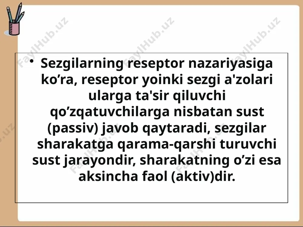 larga kuchli ehtiyoj sezadi. xuddi shu bois bilishning harakatli hissiy, aqliy, ijodiy, tarixiy bosqichlarga (tabaqalashtirish)ajratib tadqiq qilish maqsadga muvofiqdir (e.g`oziyev). harakatli hissiy bosqich nutqqacha davrda ustuvorlik qilish bilan boshqa bilish ko`rinishlaridan keskin farq qilib turadi. hissiy va aqliy bosqichlar barcha insonlarga xos bo`lib, ular ontogenezning turli davrlarida hukm surishi mumkin va aks ettirish imkoniyati boshqalarga qaraganda samaraliroqdir. sezgilarni obyektiv yo`nalishi bo`yicha y.n.sokolov, o.s.vinogradovlar tekshirish ishlari olib borganlar, ular sezgilarni passiv jarayon emas, balki vegetativ elementlar fiziologik nafas olish tizimida o`zgarishga sabab bo`iuv-chilardir deb tushuntirganlar. ushbu vaqt reflektor o`zga-rishlarini, ya`ni sezgining obyektiv ko`rsatkichi sifatida ishlashga imkoniyat yaratadi. ma`lumki, sezgini paydo qiluvchi liar bir qo`zg`atuvchi, ya`ni qo`zg`atgich, ref­lektor jihatdan yuzaga keluvchi jarayonlarni yuzaga chaqiradi, chunonchi bular tomirlarning torayishi, teri galvanik reflektorlarning paydo bo`iishi (teri qarshiligining o`zgarishi), miyaning elektr faolligining o`zgarishi, ko`z-larning qo`zg`atgich tomon burilishi kabilar. bularning barchasi sezgi jarayoni paydo bo`layotgandagina ishga tushadi, shu sababli ular sezgilarning obyektiv ko`rsatkich-lari sifatida xizmat qila …