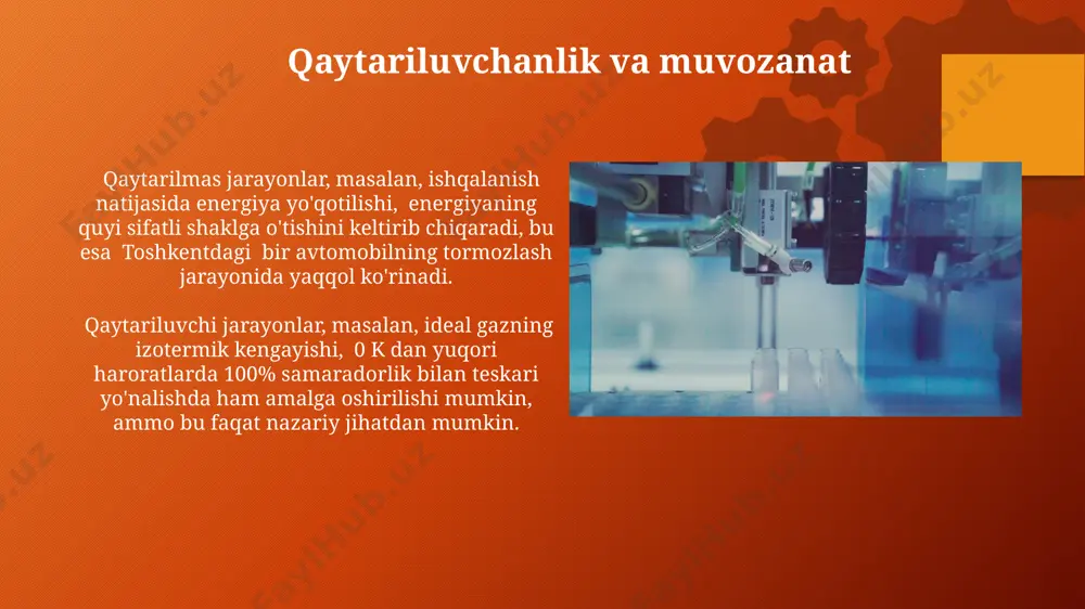 an. qaytarilmas jarayonlarning yana bir muhim xususiyati – ularning yo'nalishi aniq bo'lib, vaqt o'tishi bilan 10% ga yaqin energiya yo'qotilishi bilan birga teskari yo'nalishda o'z-o'zidan sodir bo'lmaydi, masalan, issiqlikning sovuq jismdan issiq jismga o'tishi. e'tiboringiz uchun rahmat @taqdimot_robot image2.png image3.svg image5.png image8.jpg image9.jpg image10.jpg image11.jpg image12.jpg image13.jpg image14.jpg image15.jpg image16.jpg image17.jpg image18.jpg image19.jpg image1.png