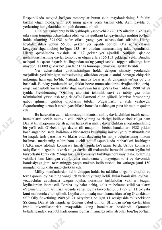 kuni farg‘ona vodiysiga borgan i.a.karimov sarosimaga tushgan odamlar bilan chin dildan suhbatlashdi. xavfsizlik hizmatining qattiq qarshiliga qaramay qo‘qon shahriga bordi, yo‘l-yo‘lakay bir-ikki joyda to‘xtab, odamlarning ro‘y berayotgan voqealar haqidagi fikrini bilib oldi. mojarolar tufayli zarar ko‘rganlar savdoga chiqariladigan zahira hisobidan oziq-ovqat bilan ta’minlandi. farg‘ona vodiysida tinchlik o‘rnatilgach, sovet davlati milliy siyosati o‘zini oqlay olmaydigan darajada sayoz ekanligini anglagan o‘zbekiston rahbari o‘zbekistonda istiqomat qilayotgan turli millat vakillarining milliy manfaatlarini himoya qilish, xususan ona vatanlaridan majburan ko‘chirilgan xalqlarni 74 yil davomida ta’qib ostida ushlagan siyosatdan himoya qilish, ularga milliylik hissini berish, g‘ururni shakllantirish maqsadida respublikada milliy madaniy markazlar tuzish uchun xarakatlarni boshladi. bu markazlarning faoliyatini muvofiqlashtirib turish maqsadida o‘zbekiston ssr madaniyat ishlari vazirligi huzurida respublika millatlararo madaniyat markazi tashkil etildi va ularning soni 1989 yilda 12 ta edi. ushbu markazga milliy madaniy markazlar faoliyatiga rahbarlik qilishi, turli millatlarning urf-odat, diniy qadriyatlarini tiklash va rivojlantirishda ko‘mak berishi asosiy vazifa qilib belgilandi. o‘sha yillari …