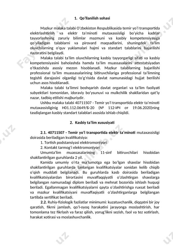 lgan asbob-uskunalar; texnik va hisobot hujjatlar. 3.3. 40711507 - temir yoʼl transport elektr taʼminoti mutaxassisligi bo‘yicha ta’lim oluvchi quyidagi faoliyat turlariga tayyorlanadi: 3.3.1. tortish podstansiyasi elektromontyori kvalifikatsiyasi bo‘yicha: tortish va transformator podstansiyalariga, tortish elektr ta’minoti tizimining tarmoq qurilmalariga texnik xizmat ko‘rsatish va ta’mirlash ishlarini bajarilishini nazorat qilish. tortish va transformator podstansiyalariga, tortish elektr ta’minoti tizimining tarmoq qurilmalariga texnik xizmat ko‘rsatish va ta’mirlashni tashkil etish. tortish va transformator podstansiyalarining jihozlariga, tortish elektr ta’minoti tizimining tarmoq qurilmalariga texnik xizmat ko‘rsatish va ta’mirlashni amalga oshirishda xavfsiz mehnat sharoitlarini tuzatish choralarini qo‘llagan holda nazorat qilish; xodimlar tomonidan bajariladigan ishlar sifatini nazorat qilish, tortish va transformator podstansiyalari uchun uskunalarga texnik xizmat ko‘rsatish va ta’mirlash texnologiyasiga rioya qilish, tortish elektr ta’minoti tizimining tarmoq qurilmalari tuzatish choralarini qo‘llagan holda nazorat qilish; tortish va transformator podstansiyalariga, tortish elektr ta’minoti tizimining tarmoq qurilmalariga texnik xizmat ko‘rsatish va ta’mirlash ishlarini bajarishda yong‘in xavfsizligi qoidalariga rioya etilishini tuzatish choralarini qo‘llagan holda …