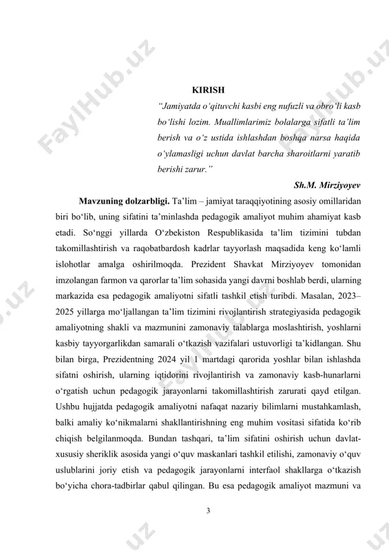 tni tashkil etishning turli shakllari va mazmunini tahlil qilish, ularning ta’lim jarayonidagi o‘rni va samaradorligini aniqlash, shuningdek, zamonaviy ta’lim talablariga muvofiq amaliyotni yanada takomillashtirish yo‘llarini izlashdir. kurs ishining vazifalari: · pedagogik amaliyot tushunchasi va uning shakllarini o‘rganish. · pedagogik amaliyot mazmunini tahlil qilish. · amaliyotni samarali tashkil etish usullarini aniqlash. · ta’lim jarayonida pedagogik amaliyotning rolini baholash. · pedagogik amaliyotni takomillashtirish bo‘yicha tavsiyalar ishlab chiqish. kurs ishining predmeti. pedagogik amaliyotni tashkil etish shakllari va mazmuni hamda ularning ta’lim jarayonidagi ifodalanishidir. kurs ishining obyekti. pedagogik amaliyotni tashkil etish jarayoni va uning ta’lim sifatiga ta’siri. kurs ishining tuzilishi: kirish, 2 ta bob, umumiy xulosa va foydalanilgan adabiyotlar ro‘yxatidan iborat. i-bob. pedagogik amaliyotning shakllari 1.1. pedagogik amaliyot shakllarining turlari pedagogik amaliyot — bu talabalar, o‘qituvchilar yoki pedagog kadrlarning nazariy bilimlarini amaliy faoliyatga tatbiq etish jarayonidir. amaliyot shakllari pedagogik jarayonning samaradorligini ta’minlashda muhim o‘rin tutadi. pedagogik amaliyotning shakllari asosida ikki katta guruh — passiv …