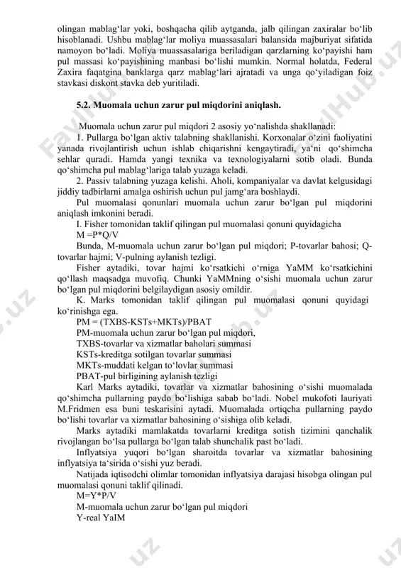shining ortishi pul taklifining ortishiga olib keladi. 2. moliya muassasalariga kreditlar. federal zaxiraning bank tizimini zaxira bilan ta‘minlashining ikkinchi usuli – bu banklar va boshqa moliya tashkilotlariga qarzlar berishidir. ushbu muassasalar uchun, ular olgan qarzlar federal zaxiradan 58 monetar bazani tahlil qilayotganimizda bu albatta xavfsiz hisoblanadi chunki qonuniy ta‘qiqlarga ko‘ra hukumat pul taklifida faol ishtirok etishi mumkin emas. olingan mablag‘lar yoki, boshqacha qilib aytganda, jalb qilingan zaxiralar bo‘lib hisoblanadi. ushbu mablag‘lar moliya muassasalari balansida majburiyat sifatida namoyon bo‘ladi. moliya muassasalariga beriladigan qarzlarning ko‘payishi ham pul massasi ko‘payishining manbasi bo‘lishi mumkin. normal holatda, federal zaxira faqatgina banklarga qarz mablag‘lari ajratadi va unga qo‘yiladigan foiz stavkasi diskont stavka deb yuritiladi. 5.2. muomala uchun zarur pul miqdorini aniqlash. muomala uchun zarur pul miqdori 2 asosiy yo‘nalishda shakllanadi: 1. pullarga bo‘lgan aktiv talabning shakllanishi. korxonalar o‘zini faoliyatini yanada rivojlantirish uchun ishlab chiqarishni kengaytiradi, ya‘ni qo‘shimcha sehlar quradi. hamda yangi texnika va texnologiyalarni sotib oladi. …
