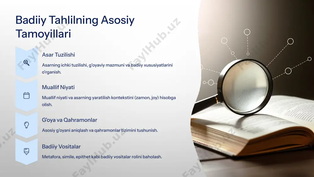 iriladi (masalan: bola, ota, daraxt) ular kichik guruhlarga bo‘linadi yoki individual tayyorlanadi har bir guruh/foydalanuvchi bir obrazni tanlaydi maslahat: o‘qituvchi tanlashga yo‘naltiradi: – kim daraxtning tilidan gapirmoqchi? – kim bolaning ichki kechinmasini ifodalashni xohlaydi? 2. jonlantirish tayyorgarligi har bir guruh yoki o‘quvchi tanlagan obrazi nomidan nutq tayyorlaydi (og‘zaki yoki yozma) masalan: “men – hovlidagi daraxtman. necha yillardan beri bu hovlida turibman. har bahor bolakay qo‘limni silaydi. har kuz – yaproq to‘kilar, go‘yo men yig‘layman...” 3. taqdimot bosqichi har bir guruh/o‘quvchi sahnaga chiqib, obraz rolida gapiradi o‘qituvchi ifoda, hissiyot, mazmun, bog‘liqlik jihatlariga e’tibor beradi misol: bola nomidan: “men – kichkina hovlining ko‘p xotiralar bilan to‘la egasiman. daraxt bizning do‘stimiz edi. uni kesishganda, yuragim siqildi...” daraxt nomidan: “men o‘sib ulg‘aydimu, ammo bolani hech qachon unutmadim. u mening soyamda kuldi, yig‘ladi...” 4. muhokama va tahlil bosqichi o‘qituvchi quyidagi savollar asosida tahlil qiladi: qaysi obraz eng jonli ifodalandi? obrazga kirish orqali qanday his qilding? …