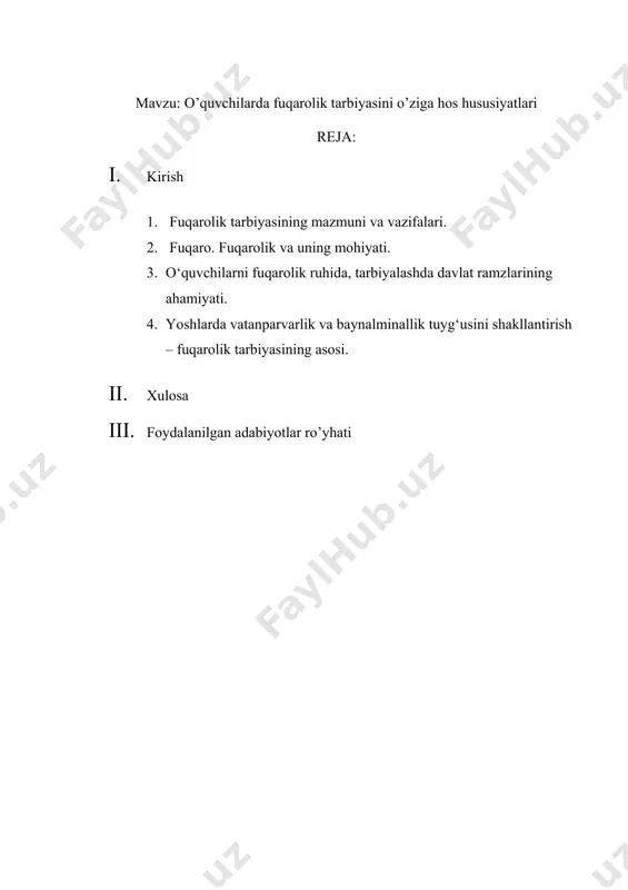 publika oliy o‘quv yurtlari talabalarida fuqarolik madaniyatini shakllantirish - bu o‘zbek xalqining mentaliteti, insoniy axloq va huquq qoidalari asosida fuqaro qadr - qiymatini ulug‘lash, yoshlar o‘rtasida tinchlik, do‘stlik, birodarlik, qardoshlik rishtalarini mustahkamlash, milliy istiqlol mafkurasiga asoslanuvchi, mustaqillik dunyoqarashiga ega bo‘lgan yangi insonlarni voyaga yetkazishning ham ta’sirchan vositasidir. shuning uchun ham «ta’lim to‘g‘risida»gi qonun va «kadrlar tayyorlash milliy dasturida» barkamol avlod tarbiyasining muhim bo‘g‘ini hisoblangan talaba-yoshlarning fuqarolik madaniyatini shakllantirish masalasiga asosiy e’tibor qaratilib rivojlangan demokratik davlatlar darajasida, yuksak ma’naviy va axloqiy talablarga javob beruvchi yuqori malakali mutaxasislarni tayyorlash bosh maqsad qilib belgilangan. buni hal etish uchun oliy o‘quv yurtlarida o‘quvtarbiya jarayonining tarbiyaviy imkoniyatlarini kuchaytirish, ayniqsa, talaba-yoshlarda fuqarolik his-tuyg‘ularini shakllantirishni aniq yo‘lga qo‘yish talab etiladi. rivojlanayotgan demokratiya mavjud davlatlarda fuqarolik ta’limini isloh qilish va inson huquqlari sohasida ta’lim olish huquqining zarurligi oldimizda yangi ta’lim-tarbiya dasturlarini ishlab chiqishni zaruriyat qilib qo‘ymoqda. bunday isloh maktab sektorlarida, shu jumladan maktabgacha bo‘lmish tayyorlov, boshlang‘ich, o‘rta va …