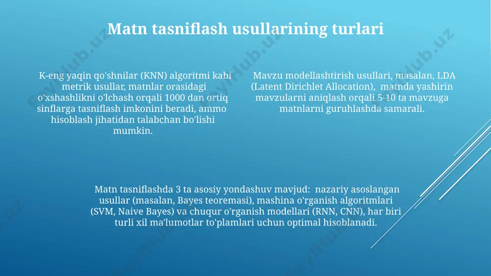 gi muhimligini hisoblaydi, bu esa yuqori aniqlikka erishishga yordam beradi. dok2vec usuli butun hujjatlarni 50-100 o'lchovli vektorlarga aylantirib, hujjatlar orasidagi o'xshashlikni aniqlashda samarali. mashina o'rganish algoritmlari k-eng yaqin qo'shnilar (k-nn) algoritmi, k=5 yoki k=10 kabi parametrlar bilan sozlanib, matnlarni samarali tarzda guruhlash va tasniflash imkonini beradi. nayve bayes va svm kabi algoritmlar matn klassifikatsiyasi uchun keng qo'llaniladi va ularning har biri o'ziga xos kuchli va zaif tomonlariga ega, masalan, hisoblash murakkabligi va ma'lumotlarga talabi jihatidan. mashina o'rganish algoritmlarining samaradorligi, ma'lumotlar hajmi va xususiyatlar soniga bog'liq bo'lib, odatda 80% dan yuqori aniqlikka erishish mumkin. ilova va amaliy misollar spamni aniqlash tizimidagi bayes teoremasidan foydalanadigan algoritmning samaradorligi 95% gacha etishi mumkin, bunda 5000 dan ortiq elektron xat tahlil qilingan. onlayn-do'konlardagi mahsulotlarni 30 ta turli kategoriyalarga, ya'ni kiyim-kechak, elektronika va boshqalar bo'yicha tasniflash uchun mashin learning algoritmlaridan foydalanish samaradorligi 90% ni tashkil etadi. matnni tasniflash va kategoriyalashdagi ilova va amaliy misollar sifatida 2000 …