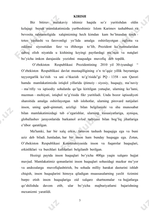 ko’tarish bilan bog’liq. vatan va inson mafaati - oily maqsad. o’zbekiston respublikasi prezidenti islom karimov: “ bugun biz tarixiy davrda - xalqimiz o’z oldiga ezgu va ulug’ maqsadlar qo’yib, tinch osoyishta hayot kechirayotgan, avvalambor, o’z kuch va imkoniyatlariga tayanib, demokratik davlat va fuqarolik jamiyat qurish yo’lida ulkan natijalarni qo’lga kiritayotgan bir zamonda yashamoqdamiz”, - degan edi. avvalo, tarixan qisqa davr, bir o’spirin yoshiga teng vaqt davomida davlatimiz uchun siyosiy sohada, davlat va jamiyat qurilishi borasida har tomonlama rivojlanish va yuksalish davri bo’lganligi bugun hech kimga sir emas. o’zbekistonning mustaqilligi oson va o’z – o’zidan qo’lga kiritilmadi, balki yurtboshimiz rahnamoligida xalqimizning sobitqadam va sermashaqqat faoliyatining natijasi bo’ldi. shu ma’noda istiqlol kimningdir in’omi emas, balki ko’plab kurashlar, muntazam hamda samarali faoliyati asosida qo’lga kiritilgan qonuniy natija, xalqimizning ulkan yutug’idir. bugungi kunda xalqaro hamjamiyatning e’tirofiga ko’ra, prezidentimiz islom karimov tomonidan asoslab berilgan jamiyat hayotini tubdan isloh qilish, jahonda moliyaviy- iqtisodiy inqiroz bo’lib turganiga …