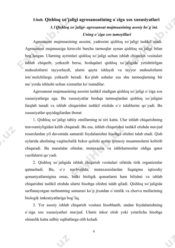 ida farq katta. boshqacha qilib aytganda, yil davomida faqat xarajatlar qilinadi. chunki yerni ekishga tayyorlash, urug`lik, o`g`itlar, yoqilg`i-moylash materiallari xarid qilish va sarflash, mehnatga haq to`lab borish kabi xarajatlar har oyda qilinadi. ekin turlari hosili esa ma`lum davrlada pishadi. yetishtirilgan hosil sotiladi va undan keyin pul darmodlari kelib tushadi. albatta, amaliyatda shartnomalar asosida qishloq xo`jalik korxonalariga avanslar berish, kreditlardan foydalanish yoki ayrim xizmatlarni tashkil etish natijasida ma`lum miqdoridagi pul tushumlari bo`lishi mumkin. lekin, umuman olganda, yil davomida xarajat sarflanishi, daromadlarning esa ayrim davrlardagina tushishi o`ziga xos obyektiv talablarni keltirib chiqaradi. agrar siyosat bu xususiyatni hisobga olgan holda yuritilish zarur. 5. qishloq xo`jaligida ishlab chiqarish juda katta maydonlarda olib boriladi. bu, o`z navbatida, ishlab chiqarishni, aholi punktlarini joylashtirishda ma`lum talablarni keltirib chiqaradi, qishloq xo`jaligining moddiy – texnika bazasini shakllantirishda hisobga olishni talab qiladi. 6. qishloq xo`jaligi ishlab chiqarilgan mahsulotlarining bir qismni o`zi urug`lik, yem – xashak, oziq – ovqat sifatida imte`mol …