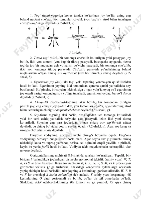 lefining turlarini bir-biridan yaxshi ajrata bilish va ularni planda gorizontallar bilan tasvirlash yo‘llarini o‘rganish lozim. relef turlari. yer yuzidagi baland-pastliklar relef deyiladi. joyning relefi balandlik va pastliklarga bo‘linadi. tog‘, tepa, tizma tog‘, egarsimon joylar-balandlikka; chuqurlik, soy, jarlik esa pastlikka kiradi (7.1-shakl). asosiy relef turlarining ko‘rinishi sxematik ravishda 7.2-shaklda ko‘rsatilgan. strelka pasayish yo‘nalishini ko‘rsatadi. 7.1-shakl. relefning asosiy turlarini qo‘yidagicha xarakterlash mumkin. 1. tog‘ (tepa)-yuqoriga konus tarzida ko‘tarilgan joy bo‘lib, uning eng baland nuqtasi cho‘qqi, yon tomonlari-qiyalik (yon bag‘ir), atrof bilan tutashgan chizig‘i-tog‘ etagi deyiladi (7.2-shakl, a). 7.2-shakl. 2. tizma tog‘ (alish)-bir tomonga cho‘zilib ko‘tarilgan yoki pasaygan joy bo‘lib, ikki yon tomoni (yon bag‘ri) tikroq pasayadi, boshqacha aytganda, tizma tog‘da joy bir nuqtadan uch yo‘nalish bo‘yicha pasayadi, bir tomonga cho‘zilib, ikki yon tomonga tikroq pasayadi. cho‘zilib pasayish yo‘nalishining baland nuqtalaridan o‘tgan chiziq suv ayriluvchi (suv bo‘linuvchi) chiziq deyiladi (7.2-shakl, b). 3. egarsimon joy (bel)-ikki tog‘ yoki tepaning yonma-yon qo‘shilishidan hosil bo‘ladi. egarsimon …