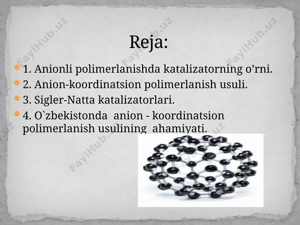 merlar olinadi. polipropilen, polisteriol va boshqa ba`zi polimerlar o`zlarining fazoviy tuzilishiga qarab izotaktik va sindiotaktik polimerlarga bo`linadi. 1. izotaktik polipropilen: ~ sn2 – sn - sn2 – sn - sn2 – sn - sn2 – sn ~ | | | | sn3 sn3 sn3 ch3 2. sindiotaktik polipropilen: sn3 ch3 | | ~ ch2- ch - ch2- ch – ch2 - ch – ch2 - ch ~ | | ch3 ch3 3. ataktik polipropilen: ch3 | ~ sn2 - sn – sn2 - sn - sn2 - sn - sn2 – sn ~ | | | ch3 ch3 ch3 izotaktik va sindiotaktik polimerlarda uchlamchi uglerod atomlari bilan bog`langan metil guruhlar hamma vaqt bir-biriga nisbatan ma`lum masofada joylashgan va ma`lum fazoviy tuzilishga ega bo`ladi. ataktik polimerlarda esa metil guruhlar tartibsiz joylashgan bo`lib, fazoviy tuzilishi muayyan qoidalarga bo`ysunmaydi. xulosa qilib aytganda, polimerlar kimyosi sohasida steriotartibli polimerlanish jarayonlarining kashf etilishi kimyo sanoatining katta …