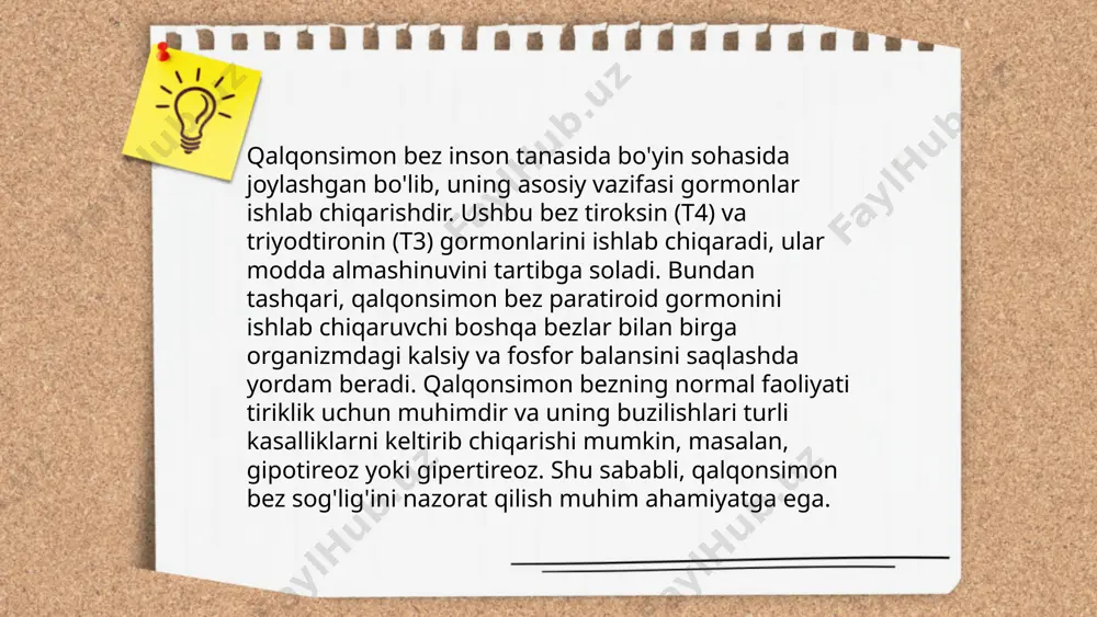 hi mumkin. ... t.me/slaydai_bot endemik bo'g'ma (zob) kasalligi asosan yod yetishmovchiligi bilan bog'liq bo'lib, qalqonsimon bezning kattalashishi bilan xarakterlanadi. dunyoda taxminan 1,5 milliard kishi yod yetishmovchiligi xavfi ostida, ularning 200 milliondan ortig'i zob bilan aziyat chekadi. o'zbekistonda ham bu muammo dolzarb bo'lib, aksariyat tog'li va suvdan yod yetishmaganda yodlangan tuz iste'mol qilinadi. davlat dasturlari orqali yodlangan tuz tarqatilishi masalalari ko'rib chiqiladi. yod yetishmovchiligi bolalarda aqliy rivojlanish qiyinchiliklari va kattalarda qalqonsimon bez kasalliklariga olib kelishi mumkin. profilaktika uchun yod miqdorini nazorat qilish muhim. ... t.me/slaydai_bot 10. gipofiz gormonal kasalliklari gipofiz bezi organizmning gormonal muvozanatini saqlashda muhim rol o‘ynaydi va bir qator kasalliklar bu bezning funksiyasiga ta'sir ko‘rsatishi mumkin. gipofiz gormonal kasalliklari orasida akromegaliya (gormon o‘sishining haddan tashqari ko‘payishi), prolaktinoma (qon plazmasida prolaktin darajasining oshishi), va gushing sindromi (kortizolning yuqori darajada ishlab chiqarilishi) mavjud. ushbu kasalliklar turli yoshdagi odamlarda uchrashi mumkin bo‘lib, simptomlari har xil bo‘ladi. masalan, akromegaliyada yuzi va qo‘l-oyoqlarning kattalashuvi …