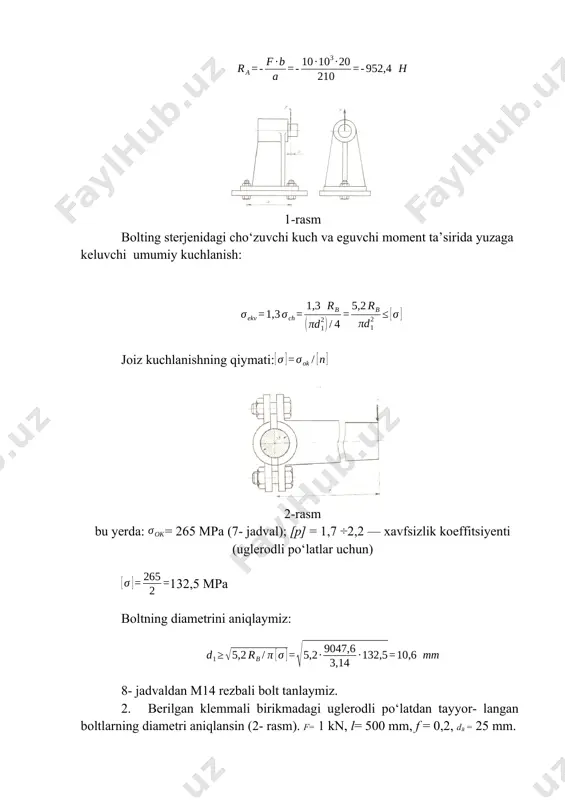 a (7- jadval); [p] = 1,7 ÷2,2 — xavfsizlik koeffitsiyenti (uglerodli po‘latlar uchun) 132,5 mpa boltning diametrini aniqlaymiz: 8- jadvaldan m14 rezbali bolt tanlaymiz. 2. berilgan klemmali birikmadagi uglerodli po‘latdan tayyor- langan boltlarning diametri aniqlansin (2- rasm). f= 1 kn, l= 500 mm, f = 0,2, db = 25 mm. masalaning yechimi. birikmaning ishlashini ta’minlash uchun quyidagi shart bajarilishi kerak, ya’ni fc fdb = fl bundan klemma boltlarini sirib tortuvchi kuch. boltlar uchun cho‘zilishdagi joiz kuchlanishni aniqlaymiz [n] = 2,0; [σch] = σoq / [n] = 230/2 = 115 mpa. boltning diametrini aniklaymiz: σch=4·1,3·k·fc / (zπd21)≤ [σch] bundan 8- jadvaldan m36, r = 4 mm bo‘lgan boltni qabul qildik. image1.jpeg image2.jpeg