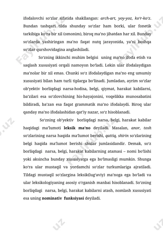 chishda narsalar (otlar) o‘rtasidagi quyidagicha uzviy aloqadorliklar asos bo‘lishi mumkin: 1) narsa yasalgan materialning umumiy aloqadorligi asosida uning nomi boshqa narsaga ko‘chadi: moyi tugab piligi so‘xta bo‘lgan chiroq bir lip etib so‘ndi (s.ahmad). sochini mayda o‘rib uchiga pilik taqqan edi (s.ahmad); 2) narsalarning o‘ziga xos harakat-holati, xususiyati jihatdan umumiy aloqadorligi asosida uning nomi boshqa narsaga ko‘chadi: beshik-maktab ta’lim va tarbiya beshigidir, qaldirg‘och-litseyimiz qaldirg‘ochlari; 3) o‘rinning unda joylashgan narsa bilan doimiy aloqadorligi asosida uning nomi boshqa narsaga ko‘chadi: kosa, qoshiq, tovoq-ovqat, zal-zal kulib yubordi, sinf-sinf oyoqqa qalqdi ma’nolarida ishlatiladi; 4) harakat-hodisaning nomi shu harakat-hodisaning bajarilgan vaqtiga ko‘chiriladi: machitdan shom azoni eshitildi…(sh.toshmatov). azonga yaqin bir iloj qilib qochibdi (p.tursun); 5) narsaning nomi shu narsaga xos bo‘lgan belgi aloqadorligi asosida ko‘chadi: tulki-ayyor, mug‘ombir odam, iflos-betayin, jirkanch kishi; 6) harakat, o‘yin obyekti shu o‘yinning nomi sifatida ko‘chadi: uloq-uloq chopmoq va boshqalar. sifat va fe’l turkumiga mansub so‘zlar doirasida ham metonimiya hodisasi mavjud bo‘lib, ularda …