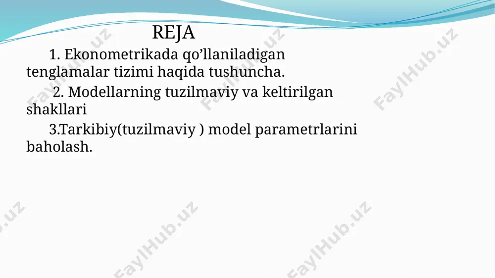 i o’z ichiga oladi. enzogen o’zgaruvchilar avval keltirilgan birgalikdagi birpaytli tenglamalarda ( u) sifatida belgilangan. ular tizimdagi tenglamalar soniga teng bo’lgan bog’liq o’zgaruvchilardan iborat. ekzogen o’zgaruvchilar odatda (x) sifatida belgilanadi. ular avvaldan aniqlangan, endogen o’zgaruvchilarga ta’sir etuvchi, lekin ularga bog’liq bo’lmagan o’zgaruvchilardir. modelning oddiy tuzilmaviy shakli kuyidagicha ko’rinishga ega: bu yerda: u – endogen o’zgaruvchilar; x – ekzogen o’zgaruvchilar. modellarning tuzilmaviy shakli har qanday ekzogen o’zgaruvchining o’zgarishini endogen o’zgaruvchining qiymatiga ta’sirini ko’rish imkonini beradi. ekzogen o’zgaruvchilar sifatida boshqaruv ob’ekti yoki kaliti bo’lishi mumkin bo’lgan o’zgaruvchilarni tanlash maqsadga muvofiq. ularni o’zgartirib va ular bilan tizimini boshqarib endogen o’zgaruvchilarning bo’lishi mumkin bo’lgan qiymatlarini avvaldan bilish mumkin. 3.tarkibiy(tuzilmaviy ) model parametrlarini baholash. bir paytli tenglamalar tizimining ko’rinishiga qarab tuzilmaviy model koeffitsientlari turli usullar bilan baholanishi mumkin. ularga: eng kichik kvadratlar egri usuli; eng kichik kvadratlarning ikki qadamli usuli; eng kichik kvadratlarning uch qadamli va boshqa usullar kiradi.\ eng kichik kvadratlar egri usuli (ekkeu)ni …