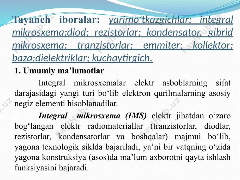 n xarakterlanadi. element deb biror elektroradioelement (tranzistor, diod, rezistor, kondensator va boshqalar) funksiyasini amalga oshiruvchi ims qismiga aytiladi va u kristall yoki asosdan ajralmagan konstruksiyada yasaladi. ims komponentasi deb uning diskret element funksiyasini bajaradigan, lekin avvaliga mustaqil mahsulot kabi montaj qilinadigan qismiga aytiladi. asosiy ims konstruktiv belgilaridan biri bo‘lib asos turi hisoblanadi. bu belgiga ko‘ra imslar ikki turga bo‘linadi: yarim o‘tkazgichli va dielektrik. asos sifatida yarim o‘tkazgichli materiallar orasida kremniy va galliy arsenidi keng qo‘llaniladi. imsning barcha elementlari yoki elementlarning bir qismi yarim o‘tkazgichli monokristall plastina ko‘rinishida asos ichida joylashadi. dielektrik asosli imslarda elementlar uning sirtida joylashadi. yarim o‘tkazgich asosli mikrosxemalarning asosiy afzalligi – elmentlarning juda katta integratsiya darajasi hisoblanadi, lekin uning nominal parametrlari diapazoni juda cheklangan bo‘lib ular bir - biridan izolyatsiyalanishni talab qiladi. dielektrik asosli mikrosxemalarning afzalligi – elementlarning juda yaxshi izolyatsiyasi, ularning xossalarining barqarorligi, hamda elementlar turi va elektr parametrlari tanlovining kengligi. 2. pardali va gibrid mikrosxemalar …