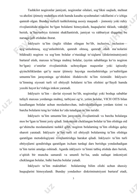 xsus ta’lim zaruriyati» nomli hujjatga javoban – reabilitatsiya tashkiloti tashkil etildi. tashkilot nogironlar jamiyati, nogironlar oilalari, sog‘likni saqlash, mehnat va aholini ijtimoiy muhofaza etish hamda kasaba uyushmalari vakillarini o‘z ichiga qamrab olgan. bunday nufuzli tashkilotning asosiy maqsadi – jismoniy yoki ruhiy rivojlanishida nuqsoni bo‘lgan bolalarni himoyalash, huquqlarini tiklash, vakolat berish, ta’lim-tarbiya tizimini shakllantirish, jamiyat va rahbariyat diqqatini bu narsaga jalb etishdan iborat. inklyuziv ta’lim (ingliz tilidan olingan bo‘lib, inclusive, inclusion— uyg‘unlashmoq, uyg‘unlashtirish, qamrab olmoq, qamrab olish ma’nolarini bildiradi) nogiron va sog‘lom bolalar o‘rtasidagi to‘siqlarni (diskriminatsiyani) bartaraf etish, maxsus ta’limga muhtoj bolalar, (ayrim sabablarga ko‘ra nogiron bo‘lgan) o‘smirlar rivojlanishida uchraydigan nuqsonlar yoki iqtisodiy qiyinchiliklardan qat’iy nazar ijtimoiy hayotga moslashtirishga yo‘naltirilgan umumta’lim jarayoninga qo‘shishini ifodalovchi ta’lim tizimidir. inklyuziv ta’limning siyosati turli xil ehtiyojli bolalarni ta’lim olishini qo‘llaydi hamda yaxshi hayot ko‘rishiga imkon yaratadi. inklyuziv ta’lim - davlat siyosati bo‘lib, nogironligi yoki boshqa sabablar tufayli maxsus yordamga muhtoj, tarbiyasi og‘ir, yetim bolalar, vich …