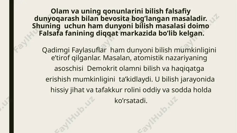 ga va hodisalarni bilishga tomon rivojlanib boradi, biroq bir avlodning hayotida hamma narsani bilish mumkin emas. alisher navoiy ham o’z falsafiy qarashlarida moddiy olamni bilish mumkinligini asosan e`tirof etadi. uning bilishning manbai real voqelikdir, dunyoda mavjud narsalarning hammasi hislarimizning predmetidan (ob`yektidan) iborat. ulug’ gumanist inson baxtining manbai, uni bilishda deb ta’kidlaydi. dunyoni bilish mumkinligini, bilimlarimizning to’g’ri va aniq ekanligini inkor etuvchi va shubha qiluvichlar agnostitsizm va skeptitsizm ta`limotidir. (agnostitsizm yunon so’zi bo’lib, a – inkor, gnosos – bilishdir). agnostitsizmning eng qadimgi ko’rinishi skeptitsizmdir. (bilishga shubhalanib qarash). agnostitsizmning eng yirik vakillari ingliz faylasufi david yum bilan nemis faylasufi immanuel kantdir. yumning fikricha, inson o’z sezgilari chegarasidan tashqariga chiqa olmaydi, u faqat o’z sezgilarinigina bila oladi. kant inson bilishi mumkin bo’lgan hodisalar olamini “biz uchun bo’lgan narsalar” deb uni inson aqli bilan, fan vositasi bilan bilish mumkin deydi. /docprops/thumbnail.jpeg