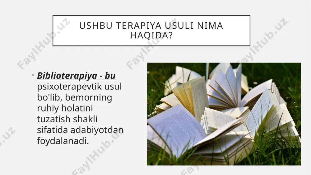 katsiya 6) uyda o'qish, keyin muhokama 7) sahnalashtirish - kutilmagan bolalar bola psixikasining xususiyati o'zini ijobiy qahramon bilan tanishtirishdir. deyarli har bir bola qahramonning xatti-harakati haqida o'ylashga va uning xatti-harakatlarini baholashga moyil. terapevtning vazifasi: bolani tanishtirish uchun bolalar asarlaridan foydalanish yaxshilik va yomonlik tushunchalari bilan. biblioterapiya tufayli bola harakat va uning oqibatlari o'rtasidagi bog'liqlikni ko'rishni o'rganadi , mas'uliyatni o'rganadi. usulning 1) yosh bemor maxsus tayyorgarlikni talab qilmaydi . 2) terapevt uchun bolaning o'ziga xos muammosi uchun ish qismini tanlash qiyin emas. 3) terapevt va bola o'rtasida doimiy aloqa talab etilmaydi . tavsiyani olgandan so'ng , bola mustaqil ravishda yoki ota-onasi bilan birgalikda o'qishi mumkin. 5) texnikaning noaniqligi. bu erda hech kim bolani tanqid qilmaydi yoki qoralamaydi , u o'zini va uning muammosini qahramon va fitnada mustaqil ravishda tan oladi. qariyalar aksariyat keksa odamlar, xuddi yoshlar kabi, o'z muammolari va qiyinchiliklariga ega, bular: oilaviy muammolar. sog'liqni saqlash muammolari. qoniqarsizlik va depressiya. …