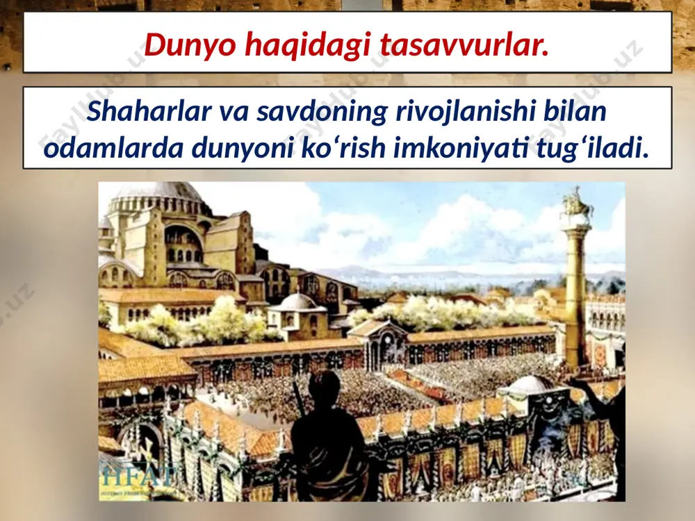 yutuqlarga faqat ilmiy kuzatishlar va tajribalar yo‘li bilan erishish mumkinligini isbotlaydi. rojer bekon fan taraqqiyoti. o‘rta asrlarda astrologiya, alkimyo fanlari yuksak rivojlangan. munajjim-astrologlar osmon jismlari harakatlarini o‘rganib, kelajakni oldindan aytib berishga intilganlar. munajjim va alkimyogarlar o‘z izlanishlari davomida kimyoviy pech, tozalash, haydash, filtrlash asbob-uskunalarini ixtiro qilganlar. savol va topshiriqlar 1. o‘rta asr kishilarining dunyo haqidagi tasavvurlari qanday bo‘lgan? 2. sizningcha, nima sababdan o‘rta asr kishilari uzoq yashamagan? 3. bolalar maktablarda nimalarni o‘rganishgan? 4. universitetlar haqida eslab qolganlaringizni so‘zlab bering. 5. tajribaga asoslangan ilmning rivojlanishiga nima turtki beradi? image2.jpeg image3.jpeg image4.jpeg image5.jpeg image6.jpeg image7.emf image8.jpeg image9.jpeg image10.jpeg image11.jpg image12.jpeg image13.emf image14.jpeg image15.jpeg image1.jpeg