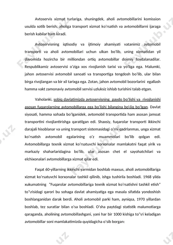 lari tasarruflarida bо‘lgan, sо‘ngra (1969 yildan) xukumat qaroriga asosan, о‘zbekiston aholisiga maishiy xizmat kо‘rsatish ministrligi tashkil etilib, uning tarkibidagi “о‘zavtotexxizmat” boshqarmasiga о‘tkazilgan. mavjud ishlab turgan avtoservis korxonalari qatoriga 1974 yildan boshlab firma usulida texnik xizmat kо‘rsatuvchi “avtovaztexxizmat”, sо‘ngra “kamazavtotexxizmat”, “avtozaztexxizmat”, “moskvichavtotexxizmat” va boshqa avtomobil zavodlariga qarashli avtoservis korxonalari qо‘shila boshladi. firma usulida avtoservis xizmati kо‘rsatish о‘sha paytdagi davlatda va shu jumladan, о‘zbekiston uchun ham yangilik bо‘lib, bu sohada yangi davr boshlanganidan darak berar edi. endi mamlakat avtomobil zavodlari dunyo avtomobilsozlik firmalari izidan ketib, о‘z mahsulotlariga о‘zlari xizmat kо‘rsatish majburiyatlarini ola boshlashdi. avtoservis xizmati yangi bosqichga kutarildi, uning moddiy-texnika bazasi mustahkamlanadigan, xizmat kо‘rsatishning texnik va madaniy saviyasi yaxshilanadigan bо‘ldi. avtoservisning о‘zbekistondagi rivojlanish tarixini quyidagi davrlarga bо‘lish mumkin. birinchi davr (etap) 1965-70)yillar, bu davrda avtoservis mustaqil xizmat kо‘rsatadigan soha sifatida davlat tomonidan tan olindi, о‘z faoliyatini rasmiy ravishda boshladi. ikkinchi davr (1971-81 yillar ). avtoservis rivojlanishi respublika aholisi avtomobil parkining keskin о‘sib …