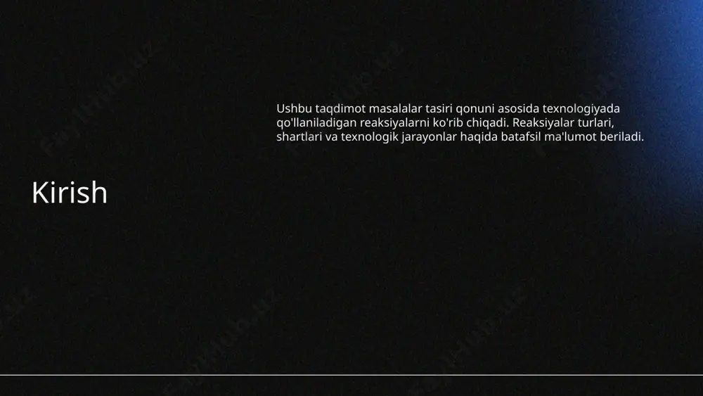 ar yangi g'oyalar, usullar va materiallarning o'zlashtirilishi bilan bog'liq. innovatsiyalar ishlab chiqarishni optimallashtirish, mahsulot sifatini oshirish va narxlarni pasaytirish imkonini beradi. shuningdek, innovatsiyalar bozor talablari va trendlariga javob berish imkoniyatini oshiradi. xulosa masalalar tasiri qonuni asosida texnologiyada reaksiyalarni oldindan rejalashtirish laboratorya, sanoat va boshqa sohalarda samaradorlikni oshiradi. to'g'ri reaksiya shartlari va texnologik jarayonlarni qo'llash orqali yuqori sifatli mahsulotlar ishlab chiqarish mumkin. e’tiboringiz uchun raxmat! +91 620 421 838 credits: this presentation template was created by slidesgo, and includes icons, infographics & images by freepik image8.jpeg image9.jpeg image10.jpeg image1.png image4.png image5.png image6.png image7.png image2.png image3.png